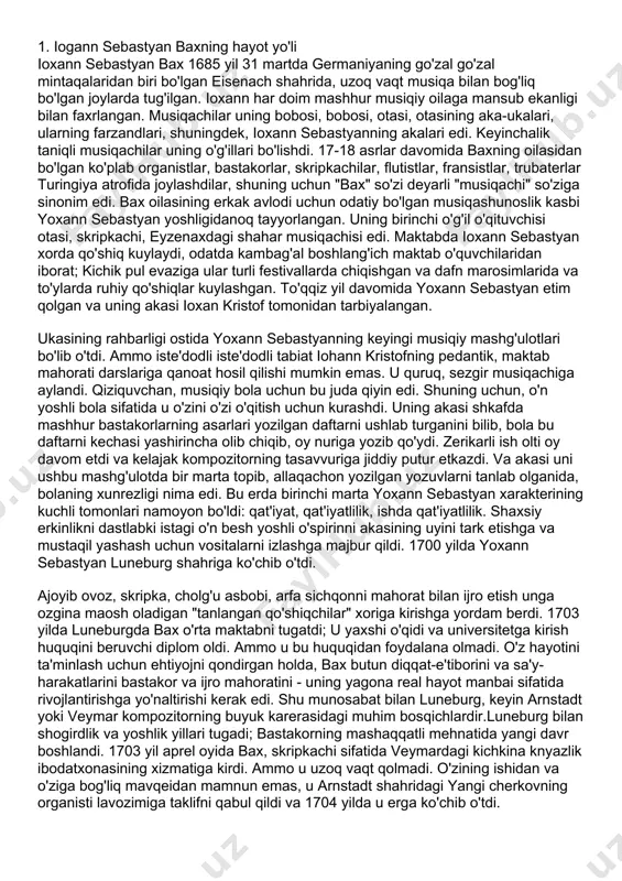 hun vositalarni izlashga majbur qildi. 1700 yilda yoxann sebastyan luneburg shahriga ko'chib o'tdi. ajoyib ovoz, skripka, cholg'u asbobi, arfa sichqonni mahorat bilan ijro etish unga ozgina maosh oladigan "tanlangan qo'shiqchilar" xoriga kirishga yordam berdi. 1703 yilda luneburgda bax o'rta maktabni tugatdi; u yaxshi o'qidi va universitetga kirish huquqini beruvchi diplom oldi. ammo u bu huquqidan foydalana olmadi. o'z hayotini ta'minlash uchun ehtiyojni qondirgan holda, bax butun diqqat-e'tiborini va sa'y-harakatlarini bastakor va ijro mahoratini - uning yagona real hayot manbai sifatida rivojlantirishga yo'naltirishi kerak edi. shu munosabat bilan luneburg, keyin arnstadt yoki veymar kompozitorning buyuk karerasidagi muhim bosqichlardir.luneburg bilan shogirdlik va yoshlik yillari tugadi; bastakorning mashaqqatli mehnatida yangi davr boshlandi. 1703 yil aprel oyida bax, skripkachi sifatida veymardagi kichkina knyazlik ibodatxonasining xizmatiga kirdi. ammo u uzoq vaqt qolmadi. o'zining ishidan va o'ziga bog'liq mavqeidan mamnun emas, u arnstadt shahridagi yangi cherkovning organisti lavozimiga taklifni qabul qildi va 1704 yilda u erga …