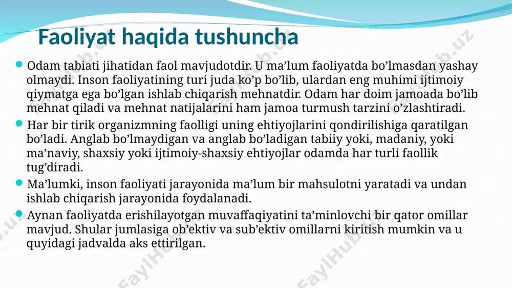 xsning taraqqiyot darajasiga bog’liqdir. yuqoridagi jadvaldan ko’rinib turibdiki, barcha faoliyat turlari tarkibida uchta tarkibiy qismni: maqsad–motiv–harakatni ajratish mumkindir. maqsad–inson faoliyati so’nggi natijasining obrazi sifatida namoyon bo’ladi va ehtiyojlarini amalga oshirilishidir. motiv – kishini faoliyatga undaydi va unga mazmun baxsh etadi. ish–harakat galdagi bitta oddiy vazifani bajarishga qaratilgan, nisbatan tugallangan faoliyatning tarkibi. faoliyatga qaratilgan maqsad ozmi–ko’pmi uzoq yoki yaqin bo’lishi mumkin. shuning uchun bu maqsadga erishish odam tomonidan ana shu maqsad sari harakat qilish davomida uning oldida tug’iladigan qator juz’iy maqsadlarni izchillik bilan hosil qilishdan iborat bo’ladi. мотивлар ички ташқи ўйин таълим meҳнат физиологик эҳтиёж хавфсизликни таъминлаш эҳтиёжи яқинликка нисбатан бўлган эҳтиёж ўз-ўзини қарор топтириш эҳтиёжи фаолиятнинг таркиби mулоқот maқсад англанилганлик ҳурматга нисбатан бўлган эҳтиёж когнитив ва эстетик эҳтиёжлар moтив идрок харитаси фаолият ва мотивация фаолиятнинг асосий турлари motiv va motivatsiya. motivlarning turlari. motiv tushunchasiga olimlar tomonidan quyidagicha ta'rif beriladi: a.maslouning fikricha, motiv bu ehtiyojlar yig‘indisidir. s.l.rubinshteynning ta'kidlashicha, motiv bu ehtiyojning …