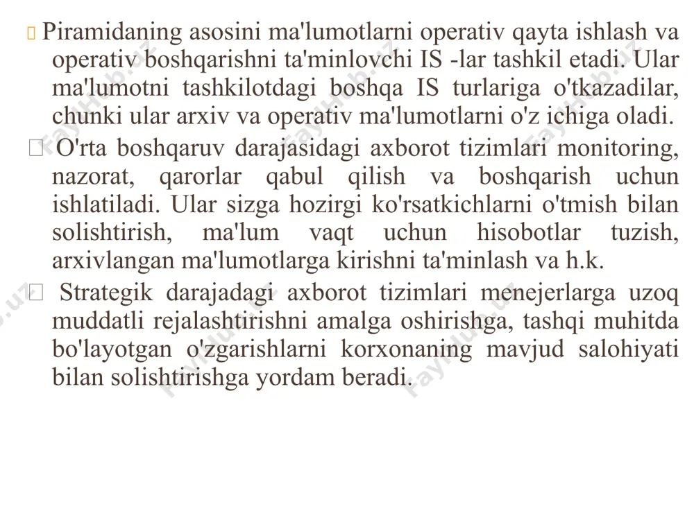 uchun; tarmoqlararo - iqtisodiyotning funktsional boshqaruv organlarining ixtisoslashgan tizimlari (statistik, moliyaviy, bank). классификация ис по масштабу применения 1. 2. локальные (в рамках одного рабочего места); местные (в пределах одной организации); территориальные (в пределах некоторой административной территории); отраслевые. классификация ис по режиму использования системы пакетной обработки (первые варианты организационных асу, системы информационного обслуживания, учебные системы); запросно-ответные системы (аис продажи билетов, информационно-поисковые системы, библиотечные системы); диалоговые системы (сапр, асни, обучающие системы); системы реального времени (управление технологическими процессами, подвижными объектами, роботами-манипуляторами, испытательными стендами и другие). классификация ис по сфере применения по сфере применения информационные системы подразделяются на следующие группы: 1.ис обработки транзакций 2.ис принятий решений 3.информационно-справочные 4.офисные tashkilot usuli bo'yicha at tasnifi tashkilotga ko'ra, guruh va korporativ axborot tizimlari quyidagi sinflarga bo'linadi. at server fayl arxitekturasiga asoslangan tashkilotning mahalliy tarmog'i asosida yaratilgan server faqat ma'lumotni saqlash uchun ishlatiladi va uni qayta ishlash ish stantsiyalarida amalga oshiriladi. kamchiliklari - tarmoqqa yuqori yuklanish va ish …