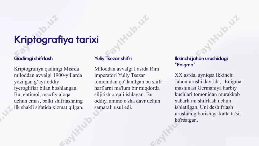 tandard) kabi algoritmlar juda tez va samarali bo'lib, katta hajmdagi ma'lumotlarni himoya qilishda qo'llaniladi. asimmetrik shifrlash bu turda shifrlash va deshifrlash uchun ikki xil kalit (umumiy va shaxsiy) ishlatiladi. rsa va ecc kabi algoritmlar xavfsiz kalit almashinuvi va raqamli imzolar uchun juda muhimdir. xesh funktsiyalari xesh funksiyalari ma'lumotlarni qisqa, o'zgarmas uzunlikdagi qiymatga (xesh) aylantiradi. sha-256 va md5 kabi xeshlar ma'lumotlarning butunligini tekshirish va parollarni saqlash uchun ishlatiladi, chunki ular bir tomonlama bo'lib, xeshdan asl ma'lumotni tiklab bo'lmaydi. 4 raqamli imzo (digital signature) hujjat tayyorlash jo'natuvchi hujjatni xesh funksiyasi orqali qayta ishlaydi va uning xeshini hosil qiladi. imzolash xesh jo'natuvchining shaxsiy kaliti bilan shifrlanadi. bu shifrlangan xesh raqamli imzo hisoblanadi. yuborish hujjat va raqamli imzo qabul qiluvchiga yuboriladi. tekshirish qabul qiluvchi hujjatning xeshini hisoblaydi va imzoni jo'natuvchining ochiq kaliti bilan deshifrlaydi. agar ikki xesh mos kelsa, hujjat haqiqiy va o'zgarmagan hisoblanadi. raqamli imzo elektron hujjatning haqiqiyligini, o'zgarmasligini va muallifini tasdiqlash uchun …