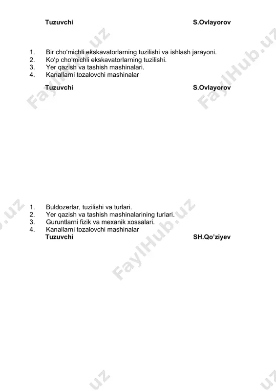 na va uskunalar haqida qisqacha ma’lumotlar. 2. oddiy ish jihozli grunt yumshatuvchi mashinalar. 3. melioratsiya mashinalarining sinflanishi. 4. melioratsiya va qurilish mashinalari yurish uskunalari. tuzuvchi s.ovlayorov 1. yer ishlari mashinalari to‘g‘risida umumiy ma’lumotlar. 2. kollektorlarni tozalashda qo’yiladigan talablar. 3. ekskavatorlarning vazifasi va turlari. 4. melioratsiya mashinalari yurish uskunalari. tuzuvchi s.ovlayorov 1. melioratsiya mashinalarining tarixi. 2. melioratsiya mashinalarining sinflanishi. 3. kanal tozalash mashinalariga qo’yiladigan talablar. 4. davriy ishlovchi kanal tozalash mashinalari. tuzuvchi s.ovlayorov 1. davriy ishlovchi kanal tozalash mashinalari. 2. melioratsiya mashinalari boshqaruv tizimlari. 3. yer qazish va tashish mashinalarining turlari. 4. melioratsiya mashinalarining tarixi. tuzuvchi s.ovlayorov 1. melioratsiya mashinalarining tarixi. 2. buldozerning ishlashi. 3. mashinalarning yurish jixozlarining vazifasi. 4. davriy ishlovchi kanal tozalash mashinalari. tuzuvchi s.ovlayorov 1. buldozerlar, tuzilishi va turlari. 2. yurish jixozlarning turlari. 3. melioratsiya mashinalarining sinflari. 4. melioratsiya mashinalari boshqaruv tizimlari. tuzuvchi s.ovlayorov 1. uzluksiz ishlovchi kanal tozalovchi mashinalar. 2. melioratsiya mashinalari fanining maqsad va vazifalari. 3. …