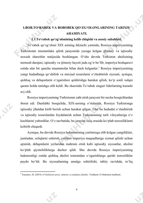 nada yomonlashtirdi. ayniqsa, mulkdor sinflarning, ayniqsa, amaldorlar va askarlarning o‘z holatlarini mustahkamlashga bo‘lgan harakatlari, dehqonlarni o‘z yeridan chetlab qolishga olib keldi. bu sharoitda, to‘rabek kabi rahbarlar xalqni birlashtirib, o‘z huquqlarini qaytarish uchun qo‘zg‘olon boshlashga qaror qilishdi. to‘rabek qo‘zg‘olonining boshqa bir sababli tomonini milliy o‘zlikni saqlash va milliy uyg‘onish g‘oyalari tashkil etadi. rossiya imperiyasi turkistonda o‘z maqsadlarini amalga oshirishda, nafaqat iqtisodiy va siyosiy jihatdan, balki madaniyat va din sohasida ham o‘z ta'sirini o‘rnatishga harakat qilgan. ular, birinchi navbatda, musulmon aholisining madaniy va diniy hayotiga ta'sir qilishni boshladilar. bu holat, albatta, turkistonning o‘ziga xos madaniy va diniy qadriyatlari bilan yuzma-yuz kelgan va ular bu holatga qarshi turishga majbur bo‘ldi. to‘rabek qo‘zg‘oloni va uning tarafdorlari, faqat rossiya imperiyasining iqtisodiy va siyosiy tahdidlari bilan emas, balki o‘z milliy an'analari va diniy qadriyatlari himoyasini ham kurash orqali namoyon etdilar. to‘rabek qo‘zg‘olonining yana bir asosiy sababi – turli ijtimoiy guruhlarning o‘zgarishlarga bo‘lgan ehtiyoji edi. dehqonlar, ishchilar, …