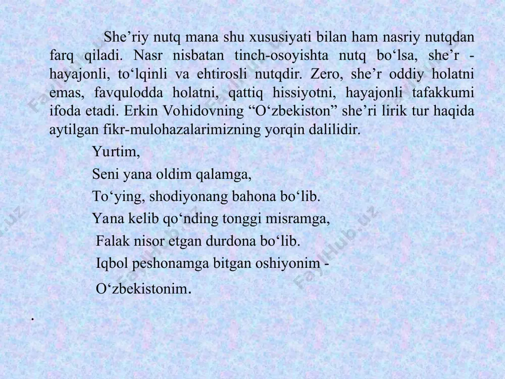 turoq - hijolarning misralar bo‘yicha ma’lum tartibda takrorlanib kelishidir. turoq she’rda ritm, intonatsiya va musiqiylikni yuzaga keltimvchi asosiy vositalardan biridir. she’riy misralarda ikki va undan ortiq turoq bo‘lishi mumkin. har bir turoqda esa ikki, uch, to‘rt, besh va ba’zan undan ham ortiq hijo bo‘ladi. fikrimizning dalili sifatida quyidagi she’mi turoqlarga ajratib ko‘raylik. uyg‘onish yellari / esmoqda takror, 6+5 tabarruk ajdodlar / ruhi senga yor. 6+5 ulug‘ daholari / paydo bo‘lgan chog‘ 6+5 olamni o‘ziga / qaratgan diyor. 6+5 (abdulla oripov) ushbu she’riy parchadagi turoqlar 6+5 shaklida bo‘lib, birinchi turoq olti hijodan, ikkinchi turoq esa, besh hijodan tashkil topgan 1-mashq. quyidagi she’ming vaznini aniqlab, turoqlarga ajrating. ifodali o‘qishni mashq qiling. o‘ylab qara, tarixda bor ibrat doimo: ne-ne zotlar, gar o’zlari topsa ham to‘zim, odamzodga ko‘rmaganlar yomonlik ravo. ezgulikning yo‘li og‘ir, serg‘alva garchand, yuksaklarga ko‘taradi sohibin biroq, mayli, mening ruhim siniq, xayolim parkand, his qilurman, ezgulikning oftobi porloq. (abdulla oripov) 2-mashq. quyidagi …