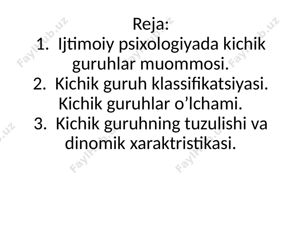 fi kuchayadi ( yani, shaxsning ko’pchilikdan iborat guruhdan o’zini tortishi va uning normalarni buzishga moyilligi ortib boradi. guruhning hajmi kichiklashib borgan sari shaxslararo o’zaro munosabatlar taranglashib boradi. chunki, shaxslarning bir-birlari oldida ma’sulyatlarning oshishi va yaqindan bilishlari ularning o’rtasidagi aloqalarda doimo aniqlik bo’lishini talab qiladi. munosabatlardagi har qanday disbalanslar, ya’niy nomutonosibliklar ochiq holdagi ziddiyatlarni keltrib chiqaradi. agar guruh a’zolarning soni toq bo’lsa, ular o’rtasidagi o’zaro munosabatlar juft bo’lgan holdagidan ancha yaxshi bo’ladi. (boshqaruv psixologiyasida odamlarni biror nimaga saylashda va umuman rasmiy tanlavlarda guruhdagi odamlar soni toq qilib olinadi) shaxsning guruh tazyiqiga berilishi va bo’ysunishi ham guruh a’zolarning soniga bog’liq. guruh soni 4-5 bo’lgunga qadar, uning ta’siri kuchayib boradi, lekin undan ortib ketgach, ta’sirchanlik kamayib boradi. ko’chada sodir bo’lgan baxtsiz hodisaning guvohlari sari, jabrlanganga yordam berishga intilish , masulayat hissi pasayib boradi. odatda kichik guruhlarni rasmiy va norasmiy turlarga bo’lib(e.meyo taklifi ) o’rganishadi. rasmiy ( farmal) guruh deganda - guruhdagi har bir …