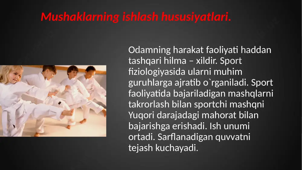 lar ishdan oldingi holatga qaytadi. start holatining fiziologik siljishlarning darajasi bajariladigan ishning harakteriga bog`liq bo`ladi. ba`zi ilmiy dalillarga ko`ra start oldi holatidagi reaktsiyalar bajariladigan ishlarga xos xususiyatga ega bo`ladi. masalan: bokschilarda katta hajmidagi ishlarni bajarish oldidan tomir urushi, qon bosimi va gaz almashinuvining ko`proq o`zgarishi, kam hajmdagi ish oldidan esa kamroq o`zgarishi aniqlangan. start oldi holatida yuzaga keladigan reaktsiyalar shartli reflektor mehanizmiga ega. shuning uchun ham start oldi holatining qanday darajada o`tishi sprotchining malakasiga, o`tkaziladigan musobaqaning qanday bo`lishiga, raqiblarning malakasiga, sportchining individual xususiyatlariga, oliy asab faoliyatining tipiga va boshqa faktorga bog`liq bo`ladi. . start oldi reaktsiyasining rivojlanishiga organizmning qanday yoshdaligi ham ta`sir ko`rsatadi. usmir yoshdagi ba`zi bir shartli reflektor funktsiyalarining start oldi holatidagi o`zgarishlari kattalardagiga qaraganda bir muncha keskin bo`lishi mumkin. sportchilarda start oldi harakatning 3 hil shakli ko`rinishi aniqlangan: bular jangovor tayyorlik, start oldi hayajoni va start oldi apatiyasidir. start oldi holatining bu turlari markaziy asab sistemasidagi asab jarayonlarining …