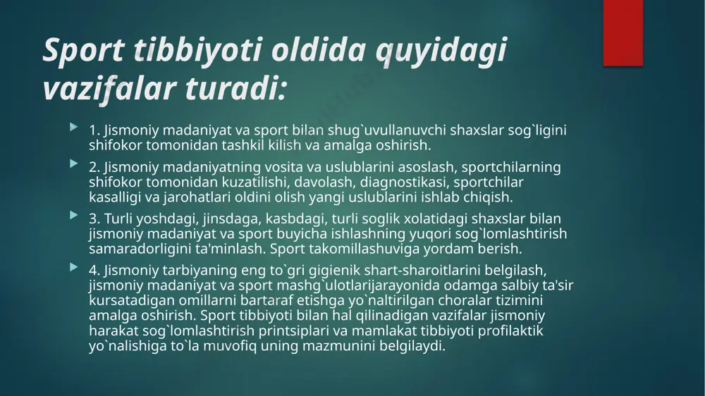 ozitsiyalarni uzoq vaqt ushlab turish (joyida ko’tarilish, muvozanat, tik turish) mashqlarini qo'llashingiz mumkin. o'rta maktab yoshi o'quvchilarining jismoniy tayyorgarligidagi eng muhim nuqta-bu ularning mahorati va sifatni rivojlantirishdir. 7 dan 11-12 yilgacha harakatlarni muvofiqlashtirishni rivojlantirishda sezilarli o'zgarishlar yuz berishi aniqlandi. 8-11 yil ichida nerv-mushak tizimining harakatchanligi yuqori rivojlanishga erishadi, analizatorlardan farqlash qobiliyati yaxshilanadi. bolalar mushaklarning his-tuyg'ularini yaxshilashga qaratilgan mashqlarga sezgir javob berishadi: ular harakatlarning amplitudasini va tezligini aniq takrorlaydi, mushaklarning kuch to’planishi ortib boradi. morfofunksional mashqlarini bajarish o'g'il-qizlarning kuch-quvvati uchun juda qulaydir degan xulosaga kelish mumkin. shu bilan birga, yuklamalarni taqsimlashda qizlar o'g'il bolalardan kuch-quvvatning o'sishida ikki barobar kechikkanligini hisobga olish kerak. o'g'il bolalar va qizlar o'rtasida chidamlilik ko'rsatkichlari (umumiy, tezkor, kuch) farqi turli mushak guruhlaridadir. jismoniy mashg’ulot jarayonining uchta asosiy vazifasini hal qilish uchun-mashg’ulot, jismoniy qobiliyatlarni tarbiyalash va tanlangan sportchini takomillashtirish uchun turli harakatdagi mashqlar qo'llaniladi. ular shartli ravishda to'rtta asosiy guruhga bo'linadi. birinchi guruh tanlangan sportga xos bo'lgan raqobatbardosh …