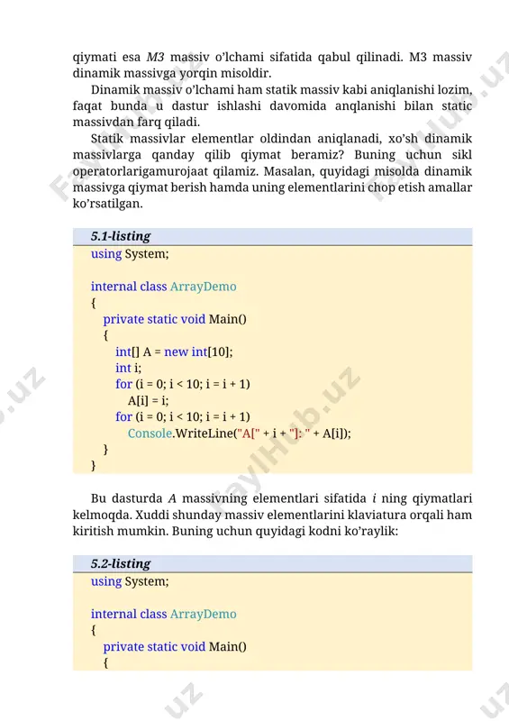 lar nechta qatnashsa (umumiysidan tashqari) unda shuncha satr bor, {} qavslar ichida nechta element qatnashsa, unda shuncha ustun bor deb hisoblanadi. demak, a massivning o’lchami 3x2 ekan. dinamik ikki o’lchovli massivning umumiy ko’rinishi quyidagicha: [,] =new { {bosh_qiy1},{bosh_qiy2}, … } bunda boshlang’ich qiymatlar bo’lishi ham, bo’lmasligi ham mumkin. masalan, int[,] table = new int[10, 20]; bunda 10x20 o’lchamdagi table nomli massiv e’lon qilinmoqda. yuqorida bir o’lchamli massivlarga qiymat berishda for siklidan foydalangan edik. bu yerda ham xuddi shu usuldan foydalanamiz. faqat endi ikki o’lchovli massivlarda 2 ta indeks qatnashgani uchun ikkita for sikli ishlatiladi. unga murojaat ham ikkita indeks orqali amalga oshiriladi. quyidagi misolda ikki o’lchovli massivlarga qiymat berish va ularning elementlariga murojaat qilish amallari ko’rsatilgan: 5.5-listing using system; internal class twod { private static void main() { int t, i; int[,] table = new int[3, 4]; for (t = 0; t [] [] =new [o’lcham>] []; bu yerda o’lcham …