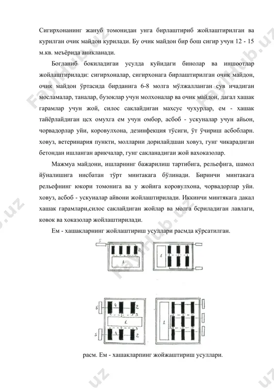 аракат килади, чунки у ердан омухта ем ейди. согилган сигирлар бошкатомондан ховлига чикарилади. молларни богламай бокадиган усулнинг камчилиги; хамма сигирлар бир меъёрда ем-хашак ейолмайди; зўрлари кўп, бошкалари кам ейиши мумкин. кора мол мажмуаси лойихалари расмларда кўрсатилган. расм. 200,400 сигирга мўлжалланган гўшгп етиштирадигаи корамол фермаси. 1-120 сигир учун тугрукхона; 2-60 сигиручун туерукхона; 3-180 ўринли сигирхоиа; 4 - 228 бош таналар учун бпно; 5 - 300 т. омухта ем омбори; 6 - механизмлар учун апвон; 7 -10 т. автомобиль тарози айвон; 8,9 - сунъий крчприш пункти; 11 - чорвадорларуйи; 13 -касал моллар хонаси; 14 - ветпункт; 16 - ховуз; 17 - сшос саклайдиган ўра; 18 - иситиш крзонхонаси. расм. 400 сигирга мўлжалланган богланиб бокиладиган корамол мажмуаси. 1 -200 ўринли сигирхона; 2,3 -100ўринли сигирхоналар; 4,5-бузокхоналар; 6-таналар учун бино; 7-ем-хашак майдалайдиган, тайёрлайдиган цех; 8-дагал хашак; 9-омухта ем омбори; 10-молларучун лавлаги, ковок ва хрказолар учун омбор; 11,12- силос саклайдиган жой; 13-сунъий кочириш пункти; 14-ветпункт; 15-мол …