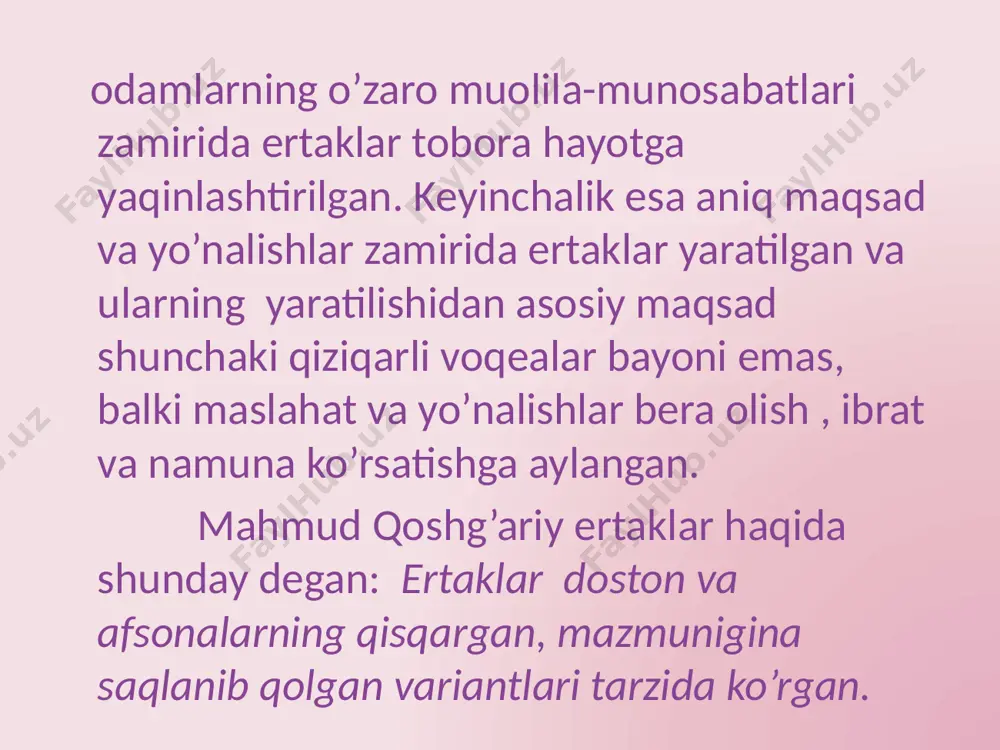’g’irsoq, surpadagi un-urvoq men bobomdan qochdim men buvimdan qochdin, eshit bo’ri endi bas sendan qochish hech gapmas” deb qochib ketibdi. bo’ridan qachib qutilgan bo’g’irsoq ayiqqa duch kelibdi.ayiq debdi:”hoy to’xta buncha hushbo’ysan men seni yeyman”debti, bo’g’rsoq yana qo’shiq kuylapti”men….. eshit ayiq bo’ldi bas sendan qochish hech gapmas” deb qochib qolibdi . yo’lda unga ayyor tulki duch kelibdi.”nimcha shirinsan” debdi tulkixon.bo’g’irsoq qo’rqib ketib tulkiga dedi” meni yemang men sizga qo’shiq aytib beraman”… shunda tulki unga dedi” qulog’im yaxshi eshitmaydi , tumshug’imga chiqib ayt ”dedi.bo’g’irsoq rozi bo’ldi va qo’shig’ini uning tumshug’ida aytishni endigina boshlagan edi, tulki og’zini katta ochib uni yutib yubordi. qissadan xissa shuki, kattalarni gapiga quloq solmaslik yomon oqibatlarni olib kelishiga guvohi bo’lishdir. e’tiboringiz uchun raxmat! image1.jpeg image2.jpeg image3.jpeg image4.jpeg image5.jpeg image6.jpeg image7.jpeg image8.jpeg image9.jpeg image10.jpeg image11.jpeg