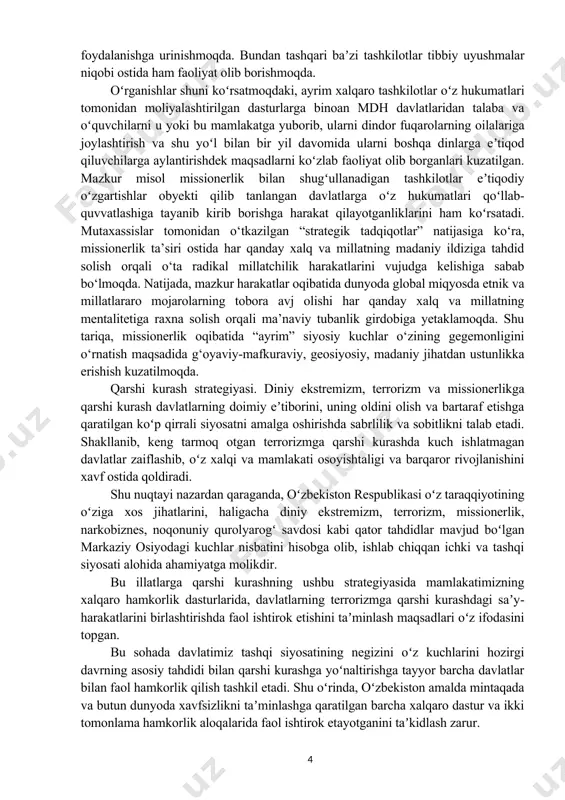 n tuzumga qilinayotgan tajovuzlarni mafkuraviy qo‘llab quvvatlash, mafkura poligonlarida olib borilayotgan kurash uchun juda katta sarmoyalarni safarbar etishayotganligini kuzatish mumkin. o‘zbekiston respublikasining “vijdon erkinligi va diniy tashkilotlar to‘g‘risida”gi qonunida missionerlikka quyidagicha ta’rif berilgan: missionarlik – aniq maqsadga qaratilgan mafkuraviy ta’sir o‘tkazish orqali shaxsni (bir guruh shaxslarni) o‘z diniga kiritish maqsadida unga (ularga) diniy qarashlarni majburan singdirishga va diniy ta’limotni tarqatishga doir faoliyatdir. ushbu qonunda davlat konfessiyalarning tinch-totuv yashashiga kafil ekanligi hamda missionerlikni amalga oshirishga yo‘l qo‘yilmasligi qat’iy belgilangan. missionerlik va prozelitizm din bilan bogʻliq holda shakllangan va mutaassiblikka asoslangan hodisalar hisoblanadi. missionerlik soʻzi lotin tilidagi “missio” feʼlidan olingan boʻlib, “yuborish”, “vazifa topshirish”, missioner esa “vazifani bajaruvchi” degan maʼnolarni anglatadi. missionerlikning maqsadi hech qaysi dinga eʼtiqod qilmaydiganlar yoki boshqa dinlarga mansub shaxslarni muayyan dinga kirishga daʼvat etishdir. aslida esa koʻpgina missionerlar muayyan ijtimoiy guruhning siyosiy maqsadlarini amalga oshirishni oʻz oldilariga vazifa sifatida qoʻyadilar. bunday diniy daʼvatlar oʻzga mamlakatlar hududida amalga oshirilsa …