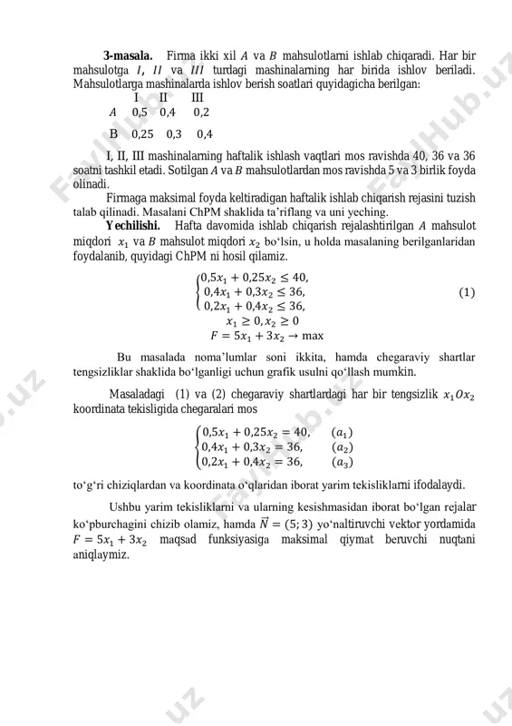 kkа ko‘rа) 8 sоаt оrtib qоlаdi. mustaqil yechish uchun misol va masalalar nazorat savollar. 1. tengsizliklar sistemasi qachon birgalikda deyiladi. 2.chiziqli dasturlash masalasini geometrik tasvirlanishini tushuntirib bering. 3.chiziqli dasturlash masalasini yechishning grafik usulida mumkin bo’lgan yechimlar sohasi qanday aniqlanadi? 4.grafik usulda n(c1,c2) vektori qanday quriladi? 5.agar yechimlardan tashkil topgan qavariq ko’pburchak chegaralanmagan bo’lsa qanday hollar bo’lishi mumkin? 6.chiziqli dasturlash masalasini grafik usulda yechish ketma-ketligini tushuntirib bering.