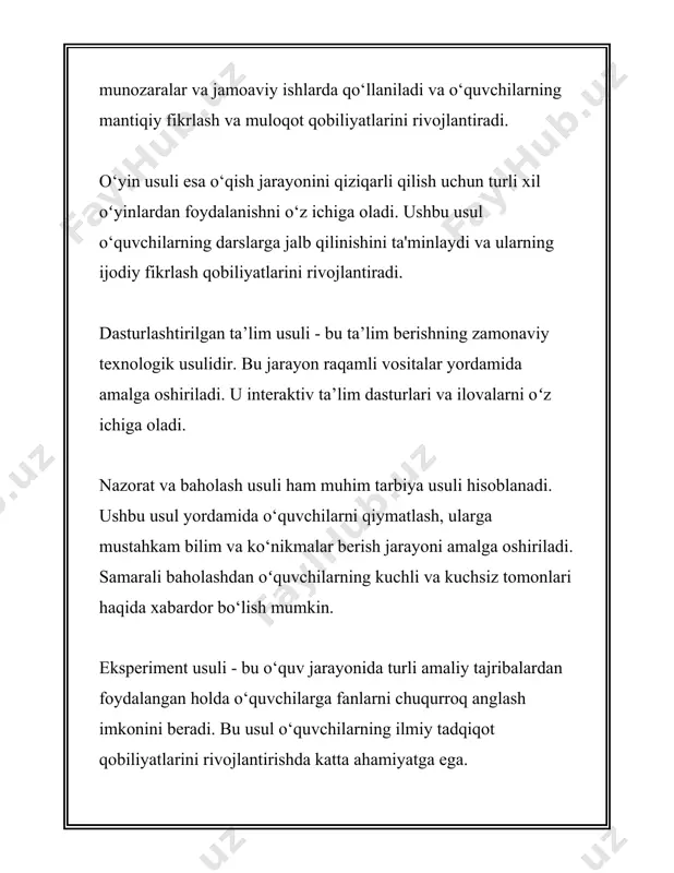iyaviy ishlar, bu metodik asosda o'quvchilarning bilim va ko'nikmalari shakllanadi. 4. **rasmiy va norasmiy tashkilotlarda tarbiya** – rasmiy ravishda turli masalalar bo'yicha tashkil etilgan to‘garaklar, klublar, sport mashg‘ulotlari va shu kabilarda amalga oshiriladi. 5. **"ijtimoiy tarbiya"** – bu tarbiya ommaviy axborot vositalari, internet, kinofilmlar va boshqa ijtimoiy tarmoq vositalari orqali shakllanadi. uchinchidan, zamonaviy pedagogika fani tarbiya shakllarini samaradorlik darajasi bo‘yicha baholaydi. tarbiyaning samaradorligini oshirish uchun turli innovatsion metodlar va texnologiyalar tatbiq etiladi. masalan, interaktiv usullarni, ijodiy faoliyat turlarini qo‘llash orqali tarbiyaning sifatini oshirish ushbu metodlardan biridir. tarbiya shakllarining tasnifi qator fanlar kesimida tahlil qilinadi, jumladan psixologiya, sotsiologiya, pedagogika kabi fanlar bu jarayonning nazariy va amaliy jihatlarini o'rganadi. tarbiya usullarini takomillashtirish va yangilash orqali milliy qolipda yetuk insonlar tarbiyasi amalga oshiriladi. izchil va samarali tarbiya jarayonining amalga oshirilishi jamiyatning har bir a'zosi oldida turgan maqsadlarga erishishda muhim ahamiyat kasb etadi. tarbiya shakllari orasida bo'lgan muvofiqlik, ularning o‘zaro bog‘liqligi va bir-birini to‘ldirib …