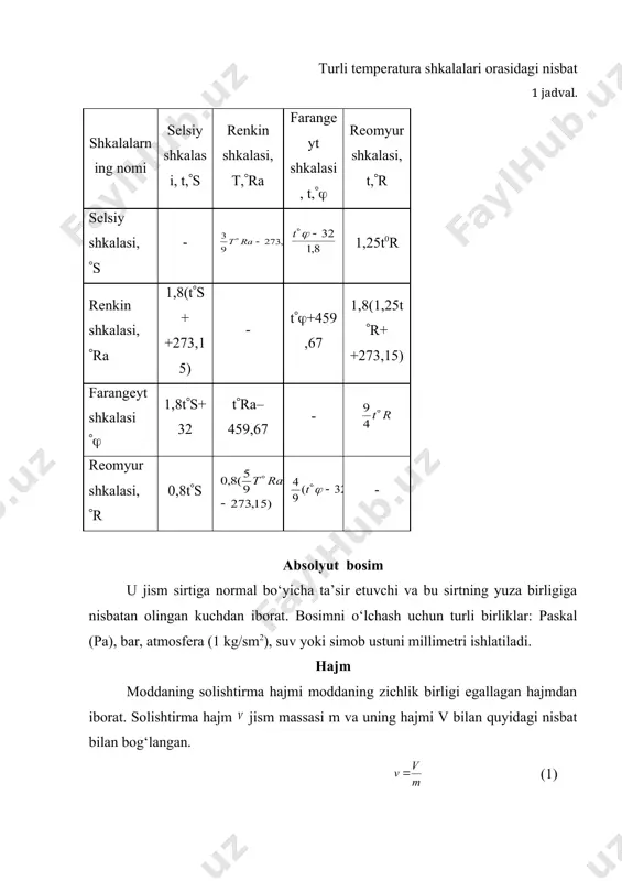 tta yo‘lning o‘zidan o‘tadigan ikkita jarayonni tasavvur etishi mumkin: holat 1 dan holat 2 ga va aksincha holat 2 dan holat 1 ga; bunday jarayonlar to‘g‘ri va teskari yo‘nalishdagi jarayonlar deb aytiladi. to‘g‘ri va teskari yo‘nalishdagi jarayon natijasida termodinamikaviy tizim dastlabki holatiga qaytadigan jarayonlar qaytar jarayonlar deb aytiladi. to‘g‘ri va teskari yo‘nalishlarda o‘tkazilganda tizim dastlabki holatiga qaytmaydigan jarayonlar qaytmas jarayonlar deb aytiladi. tajribadan ma’lumki, o‘z-o‘zidan sodir bo‘ladigan barcha tabiiy jarayonlar qaytmas bo‘ladi; tabiatda qaytar jarayonlar bo‘lmaydi. tizimda o‘z-o‘zidan sodir bo‘ladigan har qanday jarayon va binobarin, qaytmas jarayon tizimda muvozanat qaror topmaguncha davom etadi. tajriba shuni ko‘rsatadiki, muvozanatga erishgan tizim keyinchalik shunday holatda qolaveradi, ya’ni holatini o‘zicha o‘zgartira olmaydi. yuqorida aytib o‘tilganlar asosida quyidagi natijaga kelish qiyin emas: tizim faqat muvozanat holatiga kelmaganiga qadargina ish bajara oladi. 4. ideal gaz. ideal gaz qonunlari xvii – xix asrlarda atmosfera bosimiga yaqin bosimlarda gazlar o‘zini qanday tutishini tekshirgan tadqiqotchilar emperik yo‘l bilan bir …