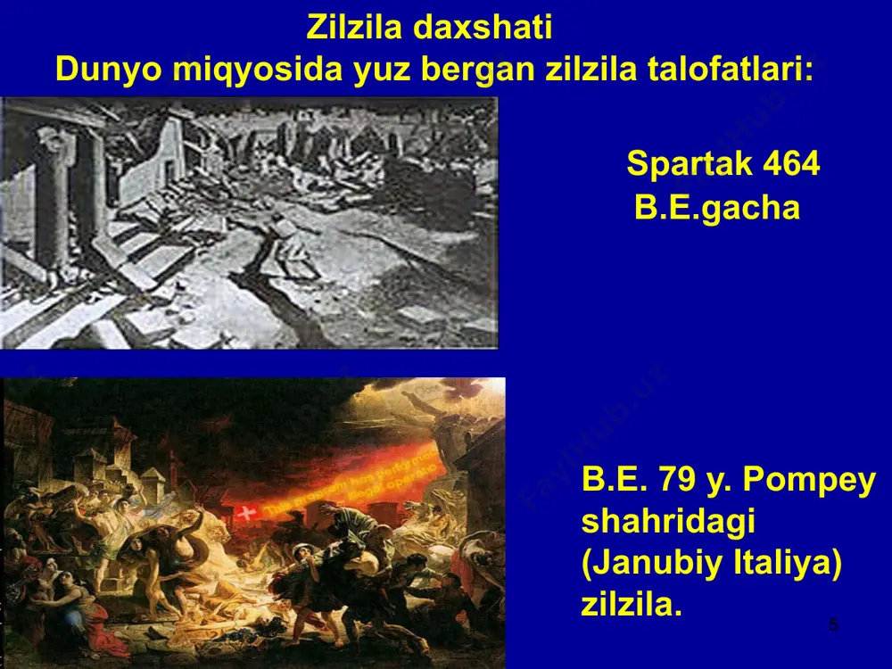 di va tog‘lar paydo bo‘ladi. bundan tashqari, o‘rta osiyo maydonida hozir tog‘ hosil bo‘lish jarayoni davom etmoqda. ana shu tog‘ hosil qiluvchi tektonik jarayonlar zilzila sodir bo‘lishiga olib keladi. eng asosiy sabab tog‘ hosil qiluvchi yer osti kuchlarining maydon bo‘ylab bir tekislikda tarqalmasligidadir. 35 yer qayerlarda qimirlaydi? yer sharining juda ko‘p maydonlarida zilzilalar bo‘lib turadi, lekin ularning eng ko‘pi uchta seysmik kamarda yuz beradi. birinchisi, tinch okean (alyaska, aleut orollari, kamchatka, saxalin, kuril, yangi gvineya, xitoy, yaponiya) seysmik kamariga taxminan 80% zilzilalar to‘g‘ri keladi. ikkinchisi, o‘rtayer dengizi- osiyo (alp-himalay, portugaliya, italiya, gresiya, turkiya, karpat, kavkaz, markaziy osiyo, eron, shim.hindiston, altay, sayan, baykal, indoneziya, malay arxipelagi mintaqalari) seysmik kamarida taxminan 15% zilzilalar yuz beradi. uchinchisi, o‘rta atlantika suv osti tog‘ tizmalari seysmik kamariga taxminan 5% zilzilalar to‘g‘ ri keladi. 36 uchta seysmik kamar 37 o‘rta yer dengizi - osiyo seysmik kamari g‘arbda atlantika okeani qirg‘oqlaridan boshlanib, o‘rta yer dengizi, karpat, kavkaz, …