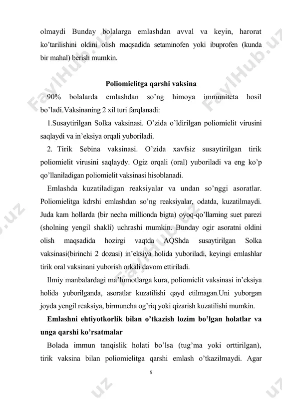 tining ko’tarilishi (emlashdan sung 4-12 kunlari),bir ikki kun holsizlik, kulok yon bezining kattalashishi (2-3kun)kuzatiladi. og’ir asoratlar juda kam hollarda uchrashi mumkin. haroratga bogliq bo’lgan shaytonlash ba’zan allergiyaga moyilligi bor bolalarda kuzatiladi. emlashni hpshyotkorshk bilan o’txazish lozim bo’lgan holatlar va qarshi ko’rsatmalar: emlash kuyidagi holatlarda takiklanadi: immun ganqislik holatida; · o’sma kasalliklarida; · aminoglikozidlarga allergiya (kanamitsin, monomitsin) kuzatilganda; · homiladorlik vaqtida. gepatit v qarshi vaksina. gepatit v qarshi vaksina gen-injenerlik texnologiyasi yordamida ishlab chikariladi. u sonning old lateral qismiga yoki yelka sohasiga mushak ichiga yuboriladi. profilaktik emlash chakaloklarga tug’ilgandan keyingi dastlabki soatlarda va xavf guruhidagi kattalarga utkaziladi (tibbiyot xodimlari, gemodializdagi yoki ko’p miadorda kon preparatlari oluvchi bemorlar, gepatit v kasalligini tashuvchilar, ozodlikdan maxrum etilib zonada yashovchilar, narkomanlar, gomoseksualistlar, jinsiy sherigi hbs antigenno’y tashuvchi soglom odam va boshqalar). emlashda kuzatiladigan reaksiyalar va undan so’nggi asoratlar. emlashdan so’ngga reaksiyalar tarqalishiga ko’ra umumiy va maxalliy turlarga bo’linadi. umumiy reaksiya tana haroratining ko’garilishi, yengil holsizlik …