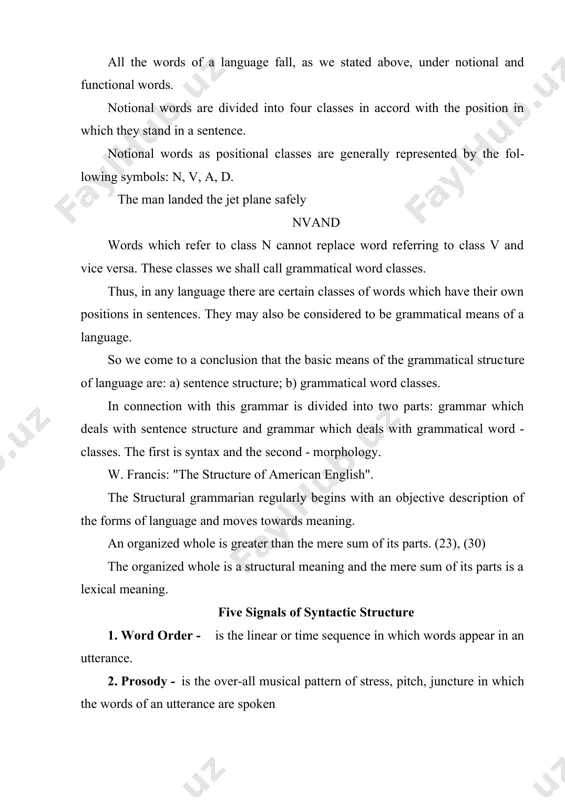 - are morphemic changes - the addition of suffixes and morphological means concomitant morphophonemic adjustments - which adopt words to perform certain structural function without changing their lexical meanings 5. derivational contrast - is the contrast between words which have the same base but differ in the number and nature of their derivational affixes one more thing must be mentioned here. according to the morphological classification english is one of the flexional languages. but the flexional languages fall under synthetical and analytical ones. the synthetical-flexional languages are rich in grammatical inflections and the words in sentences are mostly connected with each-other by means of these inflections though functional words and other grammatical means also participate in this. but the grammatical inflections are of primary importance. the slavonic languages (russian, ukraine…) are of this type. the flectional-analytical languages like english and french in order to connect words to sentences make wide …