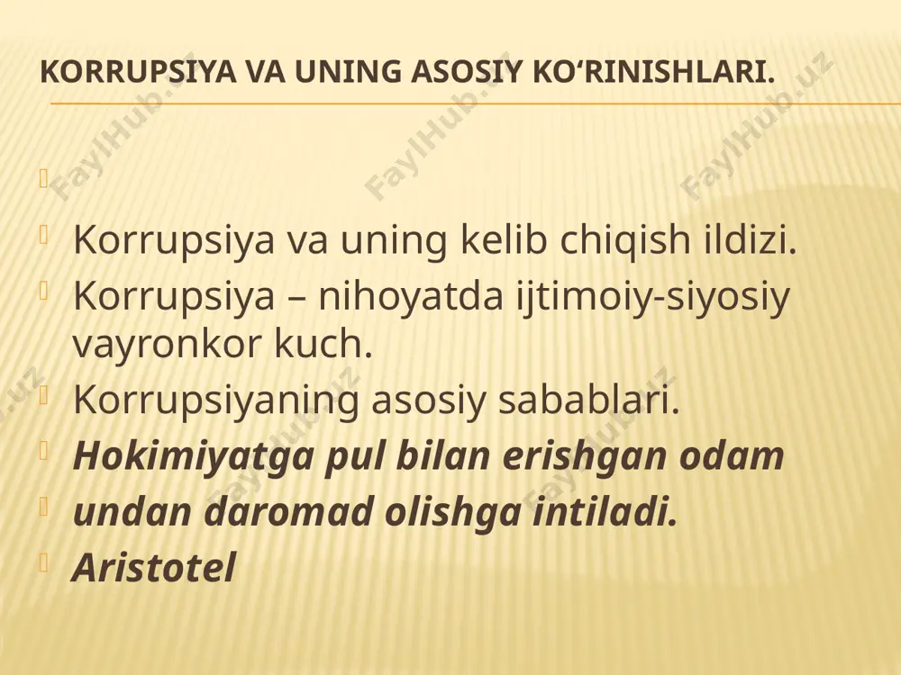 xsiy naf ko‘rish maqsadida, o‘z xizmat mavqeidan foydalanishida ifodalanadigan ijtimoiy hodisadir»​. bu yerda kalit so‘zi «davlat organlari xodimlari»​ sanaladi. ya'ni, ushbu jumlaning o‘zi korrupsiya darajasi yuqori ekanida davlat xizmatchilarining roli muhim ekanligini ko‘rsatadi. davlat organlarida xizmat qilayotganlarni bunday qabih ishga qo‘l urishga nima undamoqda? javob yana izohning o‘zida yastanib turibdi: «moddiy yoki mulkiy yo‘sinda, g‘ayriqonuniy shaxsiy naf ko‘rish maqsadida»​! tabiiyki, korrupsiya ortida mo‘may daromad topish ilinji turibdi, biroq har bir quyi bosqichda uning hakalak otishiga davlat xizmatchilarining oylik maoshi pastligi sabab bo‘lmoqda. masalan, mahalliy hokimiyatning oddiy xizmatchisini ko‘z oldingizga keltiring, uning kichik maoshi, aslida xodim inson kapitaliga mos emasligi, korrupsiyaga qo‘l urishga majbur qiladi. soddaroq qilib aytganda, kuchli bilim va tajribaga ega xodim hech qachon kichik maosh taklif etilgan ish lavozimida mehnat qilmaydi. uning oldida tanlash uchun ikkita yo‘l turibdi: ish joyini o‘zgartirib, ko‘p oylik maosh va'da qilib turgan xususiy sektorga o‘tib ketish yoki kichik maoshga «qanoat»​ qilib, korrupsiyaga qo‘l …