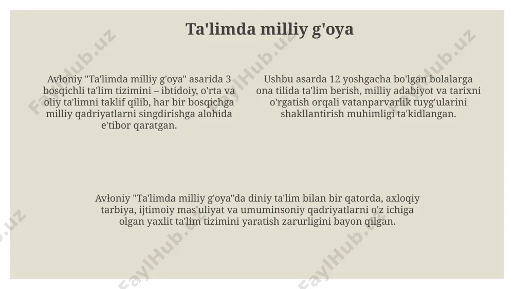 ikricha, "ma'naviy qadriyatlar" jamiyatning tarbiyaviy tizimida kamida 20% hajmini tashkil qilishi kerak, bu esa yoshlarni milliy va umuminsoniy qadriyatlar ruhida tarbiyalashga xizmat qiladi. avloniyning "ma'naviy qadriyatlar"ga oid asarlarida 3 ta asosiy fazilat – halollik, mehr-oqibat va bilim olishga alohida e'tibor qaratiladi, bu fazilatlar insonning kamol topishida muhim ahamiyat kasb etadi deb ta'kidlanadi. "ma'naviy qadriyatlar" kontekstida avloniy 5 ta asosiy qoida bayon qilib, ularning har biri insonning ijtimoiy hayotdagi o'rnini aniqlash va axloqiy barkamollikka erishishda muhim rol o'ynashini ta'kidlaydi. millat va din munosabatlari kitobda islom dinining asl mohiyatini tushuntirishga, uni noto'g'ri talqinlardan himoya qilishga va islom qadriyatlari bilan milliy qadriyatlarni uyg'unlashtirishga 10 dan ortiq bob bag'ishlangan. avloniy "millat va din munosabatlari" asarida millatning ma'naviy taraqqiyoti uchun 3 ta asosiy omilni – ta'lim, tarbiya va dinni bir-biri bilan uyg'unlashtirish zarurligini ta'kidlaydi. avloniy, "millat va din munosabatlari" da, diniy ekstremizm va jaholatning millat kelajagiga xavf solishini, bu muammoni bartaraf etish uchun esa 5 …