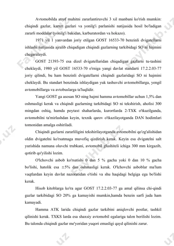 billarda ishlashi natijasida chiqadigan zaharli gazlar bilan bir qatorda, undan chiqadigan shovqin ham kishi organizmiga ta'sir ko'rsatadi. yuqoridagi keltirilgan jadvalda ko'pincha uchraydigan shovqin balandliklari ko'rsatilgan. tovush manbai balandligi, db samalyot dvigateli, 5m masofada zavod shovqinlari orkestr,metroda mashinkada yozuvchi tashkilot (mashbyuro) shovqinli ko'chalar soat ishlashi,50sm masofada barglarning shovqini 116 200-100 80 60-80 60-90 va yuqori 30 10 shovqin balandligi ko'tarilishi bilan, unda odamlarning ishlash muddati keskin kamayadi. agar shovqin balandligi 90 db bo'lsa, unda odam 8 soat ishlashi mumkin. shovqin balandligi har 5 db ga ortishi bilan unda odamlarning ishlashi 2 barobar kamaya boradi. 115 db shovqinda odam 15 min bo'lishi mumkin. agarda shovqin 140 db ga yetsa, bu inson uchun havfli hisoblanadi va odam qulog'ida og'riq paydo bo'ladi, hamda jarohatlanishi mumkin va ishlash taqiqlanadi. avtomobillarni shovqini natijasida asosan, haydovchining ish qobiliyati susayadi, reaksiya vaqti ko'payadi, hamda yo'l transport hodisalari sodir bo'lishi mumkin. qattiq shovqin odam organizmiga salbiy ta'sir ko'rsatadi, boshi …