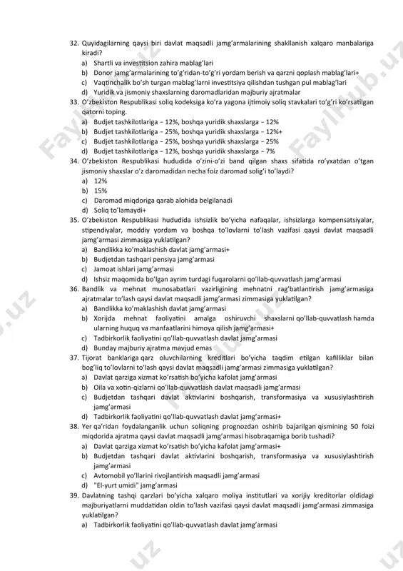 organi qaysi tashkilot? a) o’zbekiston auditorlar palatasi b) o’zbekiston respublikasi prezidenti administratsiyasi c) o’zbekiston respublikasi hisob palatasi+ d) o’zbekiston respublikasi iqtisodiyot va moliya vazirligining nazorat-taftish bosh boshqarmasi 24. budjet tashkilotlarida budjet mablag’larini boshqarish va budjet hisobini yuritish bo’yicha ularning moliyaviy faoliyatini doimiy monitoring qilish vazifasi qaysi tashkilotga yuklatilgan? a) o’zbekiston respublikasi iqtisodiyot va moliya vazirligining nazorat-taftish bosh boshqarmasi+ b) o’zbekiston respublikasi hisob palatasi c) o’zbekiston respublikasi vazirlar mahkamasi huzuridagi soliq qo’mitasi d) o’zbekiston respublikasi vazirlar mahkamasi 25. o’zbekiston respublikasida pul mablag’larining noqonuniy aylanishi manbalariga barham berish, naqd pul tushumining aholi bilan pulli hisob-kitoblarni amalga oshiruvchi yuridik va jismoniy shaxslar tomonidan banklar kassalariga o’z vaqtida va to’liq topshirilishi yuzasidan tizimli nazoratni amalga oshirish vazifasi qaysi tashkilotga yuklatilgan? a) o’zbekiston respublikasi markaziy banki b) o’zbekiston respublikasi markaziy bankining respublika inkassatsiya xizmati c) o’zbekiston respublikasi vazirlar mahkamasi huzuridagi soliq qo’mitasi+ d) o’zbekiston respublikasi iqtisodiyot va moliya vazirligi 26. auditorlik tekshiruvlari qanday shakllarda o’tkaziladi? …