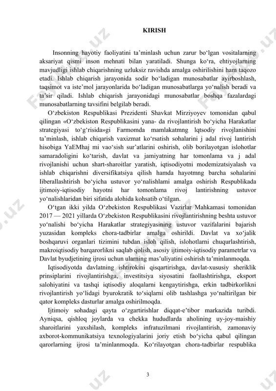 rish va rivojlantirish har doim eng muhim iqtisodiy qonuniyat va zaruriyatdir. insoniyat iste'mol qilmasdan turaolmaganidek, ishlab chiqarmasdan ham tura olmaydi. har bir jamiyatda ishlab chiqarishning amalga oshishi uchun, eng avvalo uning ro`y berishi uchun zarur bo`lgan, unda qatnashadigan omillar mavjud bo`lmog`i lozim. bu omillar uchta:ishchi kuchi, mehnat qurollari va mehnat predmetlaridir. i bob ehtiyoj va uning turlari. iqtisodiy resurslar. 1.1. ijtimoiy-iqtisodiy ehtiyojlar, ularning turlari va turkumlanishi. iqtisodiyot asoslarini, uning amal qilish qoida va tamoyillarini o‘rganish, iqtisodiy muammolarni hal etish eng avvalo ehtiyoj tushunchasi bilan uzviy bog‘liqdir. chunki, birinchidan, inson hayotiga turli ehtiyojlarning paydo bo‘lishi va qondirilishi jarayoni sifatida qarash mumkin. ikkinchidan esa, iqtisodiyotning doimiy va bosh masalasi ehtiyojlarning cheksizligi va iqtisodiy resurslarning cheklanganligi orqali namoyon bo‘ladi. ehtiyojlar turli-tuman bo‘lib, ularni iqtisodiy, ijtimoiy, madaniy, ma’naviy, siyosiy va boshqa turdagi ehtiyojlarga ajratish mumkin. ular orasida kishilarning yashashi, mehnat qilishi va hayot kechirishi uchun zarur bo‘lgan moddiy ne’matlardan hamda xizmatlarni o‘z ichiga oluvchi …