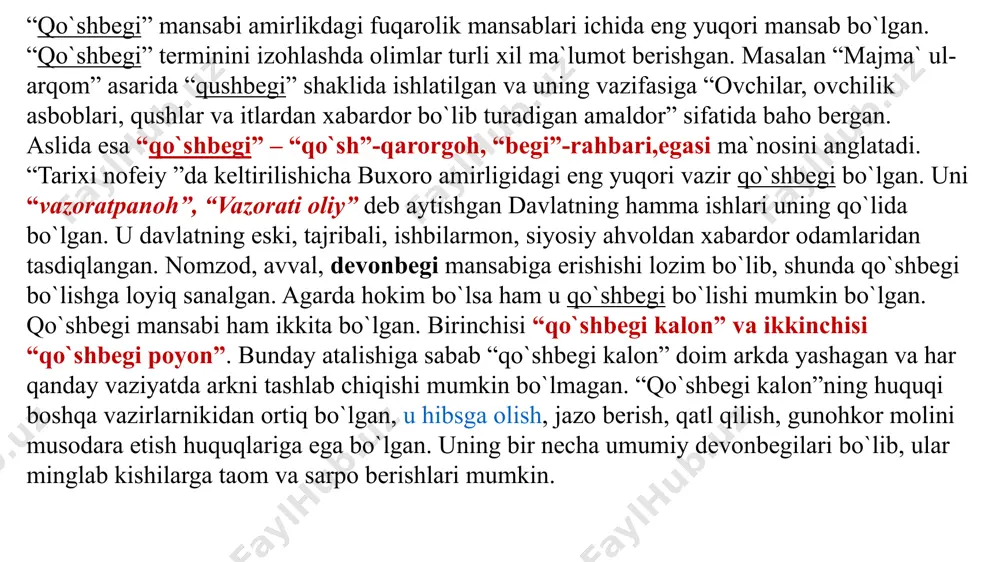na mirzosi kirgan. umarolarning mansablari quyidagicha bo`lgan. bu amallar sohiblarining amir huzurida alohida o`rinlari bo`lgan. i. “otaliq”. buxoroi sharif suvining idorasi, samarqanddan - qorako`lgacha bo`lgan suv taqsimoti uning qo`lida bo`lgan. buxoro mirobligi va dorug`aligi ham uning vazifasiga kirgan. ii.”devonbegi kalon” – katta devonbegi. viloyat xirojining hisob-kitobi uning zimmasida bo`lgan. davlat hisobidan to`shakxona mehtariga, g`alla zahirasidan amlokdorga, “devoni kalon”, devoni tanobxonaga daftarlarga muvofiq xarajatlarni bergan. qorako`l mirobligi ham devonbegi qo`lida bo`lgan. iii.”parvonachi”. amir farmoniga binoan uning yorliqlarini ulamolar va zodagonlarga yetkazgan. arabxona jamoasining rahbarligi ham uning zimmasida bo`lgan.95 iv. “dodxoh” – mazlumlar arz-dodlarini podshohga yetkazib, javobini qaytargan. amir ijozati bilan ba`zan o`zi ham arizalarni ko`rib chiqgan. amirning yaqinlariga beradigan amal va mansablar quyidagicha bo`lgan i.“ko`kaldosh”. amirning eng yaqin kishilaridan bo`lib, uning dushmanlari, do`stlari va xayri-xohlaridan xabardor bo`lib turgan. ii.”qo`shbegi kalon” – katta qo`shbegi. ovchilar, ovchilik asboblari, qushlar va itlardan xabardor bo`lib turadigan amaldor.97 iii.inoqi kalon – katta inoq. umaro, shogirdpeshalar va …