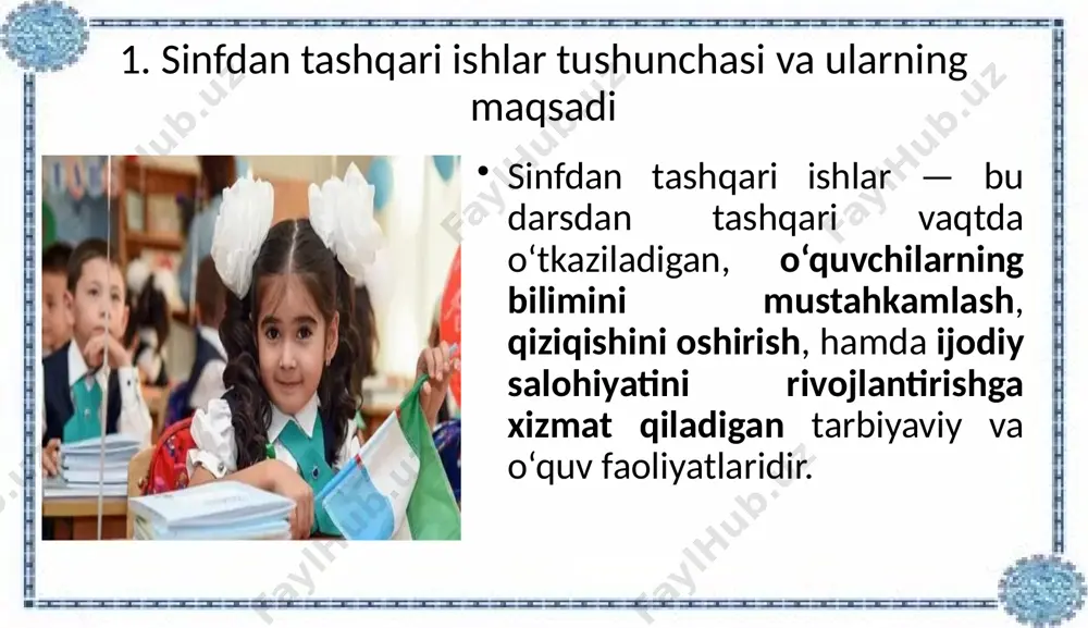 bolalarda tilga hurmat, mantiqiy fikrlash kabi fazilatlarni shakllantiradi. 5. “eng yaxshi daftar” ko‘rik-tanlovi o‘quvchilarning yozuvi, imlo madaniyati va tozalik darajasini baholash orqali ularda mas’uliyat hissi rivojlanadi. 3. sinfdan tashqari ishlarning o‘quvchilar rivojlanishiga ta’siri sinfdan tashqari faoliyatlar bolalarning quyidagi jihatlarini kuchaytiradi: ijodkorlik: she’r yozish, hikoya tuzish orqali ijodiy fikrlash rivojlanadi. nutq va savodxonlik: o‘qilgan matn ustida suhbatlar, hikoya tuzish, savollarga javob berish o‘quvchilarning og‘zaki va yozma nutqini rivojlantiradi. kitobxonlik madaniyati: kitobni sevish, o‘qish odatini shakllantirish orqali butun hayoti davomida o‘qishga intiluvchanlik yuzaga keladi. jamoada ishlash: guruhli mashg‘ulotlar orqali do‘stlik, yordam, o‘zaro hurmat singari ijtimoiy ko‘nikmalar shakllanadi. sinfdan tashqari mashg‘ulotlarda o‘quvchi bosim ostida emas, erkinlikda, o‘z fikrini bemalol bildirish imkoniyatiga ega bo‘ladi. bu esa ularning o‘ziga bo‘lgan ishonchini oshiradi. xulosa ona tili va o‘qish savodxonligidan sinfdan tashqari ishlarni tashkil etish orqali o‘quvchilarning bilimlari mustahkamlanadi, tilga va kitobga bo‘lgan muhabbat kuchayadi, ularning shaxsiy kamoloti uchun mustahkam poydevor yaratiladi. bu turdagi ishlar o‘quvchilarni faollikka, …