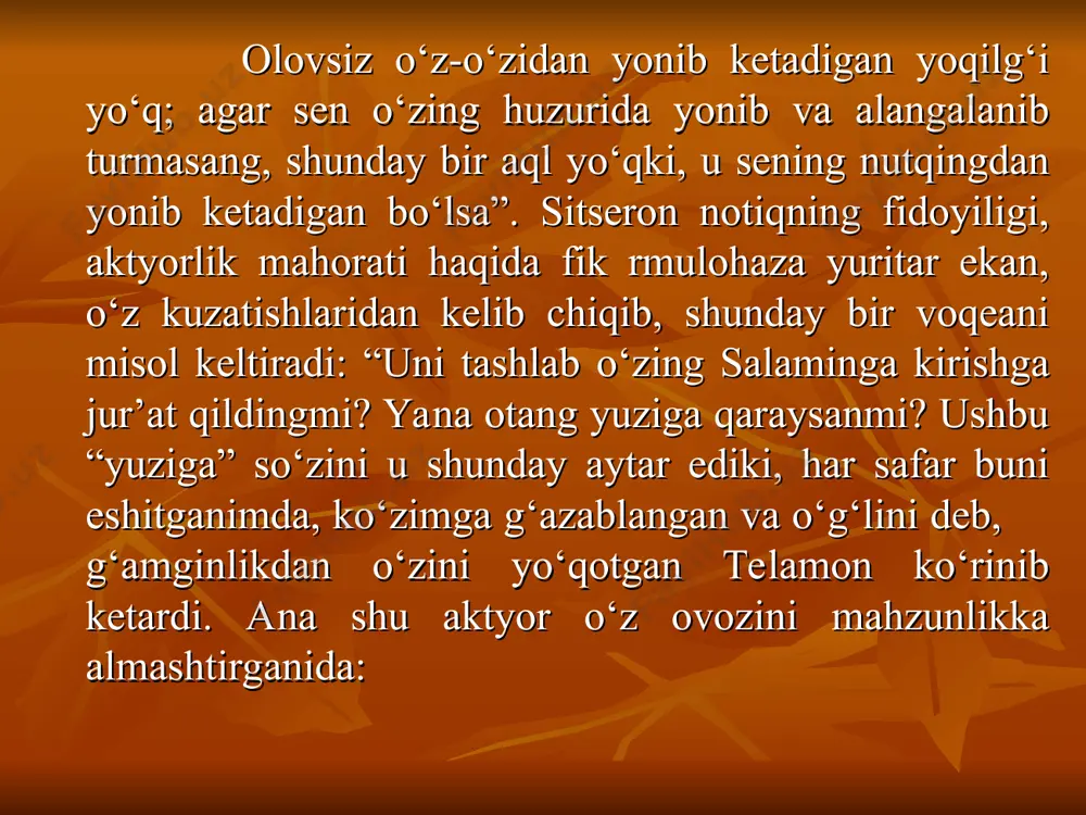 a e’tibor bering. zolning tug‘ilgani qadim zamonlarni etib namoyon, so‘zlab beray endi ajib bir doston. somga qanday o‘yun ko‘rsatdi falak, so‘zlab beray quloq sol, o‘g‘lim, andak. farzandsizlikdan ko‘p azob chekib som, dard chekib, diliga istardi orom. shabistonida bor erdi nigori, yonog‘i gulbargu mushkinmo‘y yori 2-mashq. quyidagi raqamlarga ko‘ra burun orqali nafas olish va uni og‘iz orqali chiqarish mashq qilinadi. masalan: 3 sekund mobaynida nafas olinadi, 3 sekund mobaynida nafas o‘pkada tutib turiladi, yana 3 sekund davomida esa o‘pkadan ohista chiqarib yuboriladi. 3-mashq quyidagi unlilarni alohida-alohida jarang-dor tarzda talaffuz qiling: i, e, a, o, o‘, u 4-mashq.quyidagi she’rni ifodali o‘qing. she’rning mazmuniga mos ovozni aniqlang va o‘z o‘rnida to‘g‘ri nafas olib o‘qishni mashq qiling. daryo bo‘lsang toshni-toshga urib oq, quyosh bo‘lsang sen osmondan kulib boq, bulut bo‘lsang rahmating quy, chaqmoq chaq, chaman bo‘lsang gullaring soch xushchaqchaq. chashma bo‘lsang sahar turib chaqchaq ur, ohu bo‘lsang ohu ko‘zing yashirma, arslon bo‘lsang bosgan izing …
