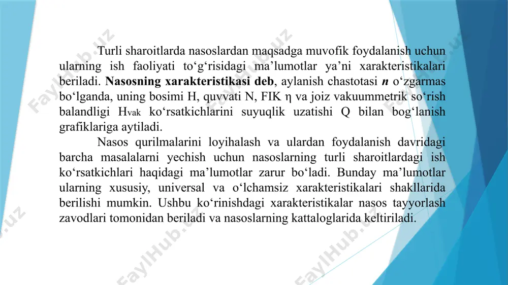 chiqarib bera olmaganda, ikki yoki undan ortiq nasos ishlashiga to‘g‘ri keladi. suvni birinchi nasos bosim quvuri orqali ikkinchi nasosning so‘rish patrubkasiga uzatilishi, nasoslarni ketma – ket ulab ishlatish deyiladi. nasoslarni ketma – ket ulash, umumiy bosimni oshirish uchun qo‘llaniladi. ketma – ket ulashning asosiy shartlari: qum = q1 = q2 = … = qn hum = h1+ h2 + … + hn nasoslarni ketma–ket ulash bir xil xarakteristikali nasoslarni ketma–ket ulab ishlatish. ikkita ketma–ket ishlayotgan bir xil xarakteristikali nasoslarning umumiy bosim xarakteristikasini qurish uchun, bitta nasosning har bir suv sarfiga mos bosimini ikki barobar ko‘paytirish kerak. ketma–ket ishlayotgan ikki nasosning ishchi nuqtasi, umumiy bosim quvurlar sistemasi xarakteristikasi bilan kesishgan nuqtasi bo‘ladi (rasm). bir xil xakteristikali nasoslarning ketma-ket ishlash shartlari: suv sarfi - qum = q1 = q2 = …= qn bosimi- hum = h1 + h2 + … hn = nn1 bu yerda: n – asoslar soni. 3-rasm. bir xil …