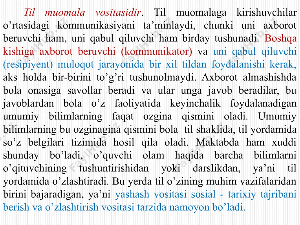 zga naqadar kuchli ta’sirga ega ekanligini, boshqa biri esa, aksincha, hech qanday ta’sir kuchiga ega emasligini tushunib yetmaymiz. muloqotning perseptiv tomoni kishining kishi tomonidan idrok qilish, tushunish va unga baho berishdir. boshqa kishilarni tushunib olish bilan kishi suhbatdosh bilan bo’ladigan faoliyat, aloqa istiqbolini aniqroq belgilab oladi. muloqot ishtirokchilari o’z ongida bir-birlarining ichki dunyosini qayta tiklashga, his-tuyg’ularini, xulq-atvorining sabablarini fahmlab yetishga harakat qiladi. shaxsga boshqa odamlarning faqat tashqi qiyofasi, ularning fe’l-atvori va hatti-harakatlari, ular qo’llanadigan kommunikativ vositalargina bevosita in’om etilgan va ana shu ma’lumotlarga tayangan holda o’zi bilan muloqotga kirishgan odamlarning kimligini tushunib yetish, ularning qobiliyatlari, niyatlari kabilar haqida xulosa chiqara olish uchun muayyan ishni bajarishiga to’g’ri keladi. taniqli psixolog s.l.rubinshteyn shunday deb yozgan edi: “kundalik hayotda odamlar bilan muloqotga kirishar ekanmiz, biz ularning xulq-atvoriga qarab mo’ljal olamiz. negaki, biz ularning tashqi ma’lumotlari mohiyatini guyo “o’qib”, ya’ni “mag’zini chaqib” chiqamiz, shu yo’sinda matnning ichki psixologik jihati mavjud bo’lgan mazmunini aniqlaymiz”. bunday …