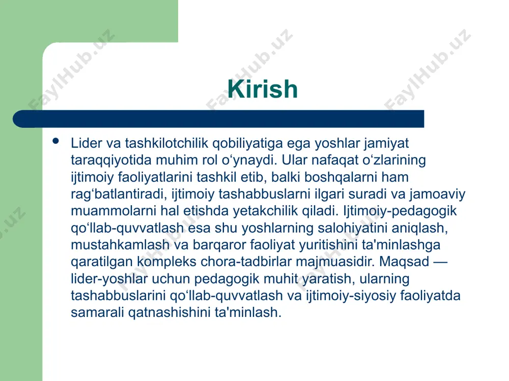 i o‘lchanadi: ishtirokchi faoliyati, erishilgan natijalar va shaxsiy o‘sish indikatorlari ko‘rib chiqiladi. ushbu mexanizm yoshlarning o‘ziga bo‘lgan ishonchini oshiradi, xatoliklarni tez bartaraf etishga yordam beradi va ularni mustaqil yetakchilarga aylantirishga xizmat qiladi. mahalla va maktab bilan integratsiyalashgan dastur lider yoshlarni qo‘llab-quvvatlashda ijtimoiy muhitning roli katta. bu reja maktab va mahalla institutlarini birlashtirib, doimiy hamkorlik asosida dastur ishlab chiqadi. dastur ichiga mahalla kengashlari, maktab direktorati va ota-onalar qo‘mitasi jalb etiladi. birgalikda yoshlar uchun amaliy maydonlar yaratish — ijtimoiy klublar, ko‘ngillilar markazlari va innovatsion laboratoriyalar tashkil etish rejasiga kiritiladi. mahalla resurslaridan foydalangan holda yoshlar mahalliy muammolarni hal etishga yo‘naltirilgan mikro-loyihalar amalga oshiradi: hokimiyat bilan hamkorlikda ekologik aksiyalar, ijtimoiy kampaniyalar, madaniy tadbirlar. maktab darsliklarida liderlik va ijtimoiy loyihalashga oid qisqacha o‘quv modullari joriy etiladi. ushbu integratsiyalashgan yondashuv yoshlarni real jamiyat muhitida sinab ko‘rishga, o‘z salohiyatini qo‘llashga va mahalla bilan uzluksiz aloqada bo‘lishga imkon beradi. xulosa lider va tashkilotchilik qobiliyatiga ega yoshlarni ijtimoiy-pedagogik qo‘llab-quvvatlash …