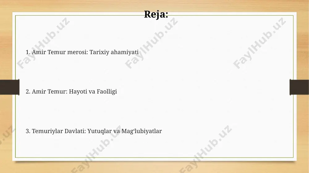 lik marg'ilon va shahrisabz kabi shaharlarda amir temur davrida qurilgan saroylar va yodgorlik inshootlarining dekorativ bezaklari rang-barang kashtachilik, 20 dan ortiq turdagi nafis chinni va qo'lda ishlangan yog'och o'ymakorligi bilan ajralib turgan. amir temur davrida samarqand shahri 100 dan ortiq masjid, madrasa va karvonsaroylar bilan bezatilgan bo'lib, ularning ko'pchiligi mohir ustalar tomonidan kufiy va nastaliq xat yozuvlari bilan bezatilgan. temur tuzgan shaharsozlik rejalarida geometrik naqshlar, 8 burchak va 12 burchak shakllar kabi an'anaviy islom me'morchiligi elementlari ustunlik qilgan, bu esa buxoro va xorazm shaharlarida ham sezilarli darajada namoyon bo'lgan. amir temur tugʻilishi va yoshligi temur yoshligidan ot minish, qilichbozlik va boshqa harbiy san'atlarni puxta o'rgangan, bu esa keyinchalik uning harbiy yutuqlarida muhim rol o'ynagan va 14-asr o'rta osiyosi siyosatiga ta'sir ko'rsatgan. amir temur 1336-yilda, hozirgi samarqand viloyatining kesh shahrida, temuriylar sulolasiga mansub oilada tug'ilgan va dastlabki yillarini shu yerda o'tkazgan. yoshligida amir temur turli harbiy janglarda qatnashgan, 1360-yillarda esa movarounnahrni …