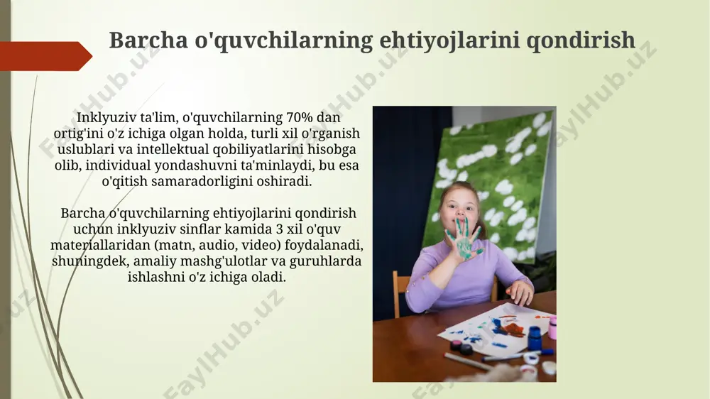 sial o'qitish va qo'llab-quvvatlashning samaradorligini ko'rsatadi. turli xil qobiliyatlarga ega bo'lgan o'quvchilarning o'zaro ta'siri inklyuziv sinflarda o'quvchilarning 15% dan ortig'i o'ziga xos qobiliyatlarini ochib berish imkoniyatiga ega bo'lib, ijodiy fikrlash va muammo yechish ko'nikmalarini rivojlantiradi. turli qobiliyatli o'quvchilarning o'zaro ta'siri, 20% ga yaqin ijtimoiy ko'nikmalarni rivojlantirishga yordam beradi, shu jumladan empatiya va hamkorlik kabi muhim jihatlarni o'z ichiga oladi. hamkorlik va do'stlik munosabatlarini rivojlantirish inklyuziv ta'lim muhitida, differensiatsiya yondashuvi bilan, o'quvchilarning 70% dan ortig'i bir-birlaridan o'rganish, hamkorlikda ishlash va o'zaro do'stona munosabatlarni o'rnatish imkoniyatiga ega bo'ladi, bu esa tengdoshlararo qabul qilishni yaxshilaydi. inklyuziv ta'limda turli xil ehtiyojlarga ega bo'lgan 2-3 nafar o'quvchining birgalikdagi loyihalarda ishlashi, o'zaro hurmat va hamkorlik ko'nikmalarini rivojlantirishga olib keladi, bu esa 5-10% ga teng tengdoshlararo munosabatlarni yaxshilashga hissa qo'shadi. adolatli va teng huquqli ta'lim inklyuziv ta'lim strategiyalarini qo'llash natijasida maktablar o'quvchilarning 5% dan ortig'ida akademik ko'rsatkichlarning sezilarli o'sishiga erishdilar, bu esa umumiy bilim sifatining yuksalishiga olib …
