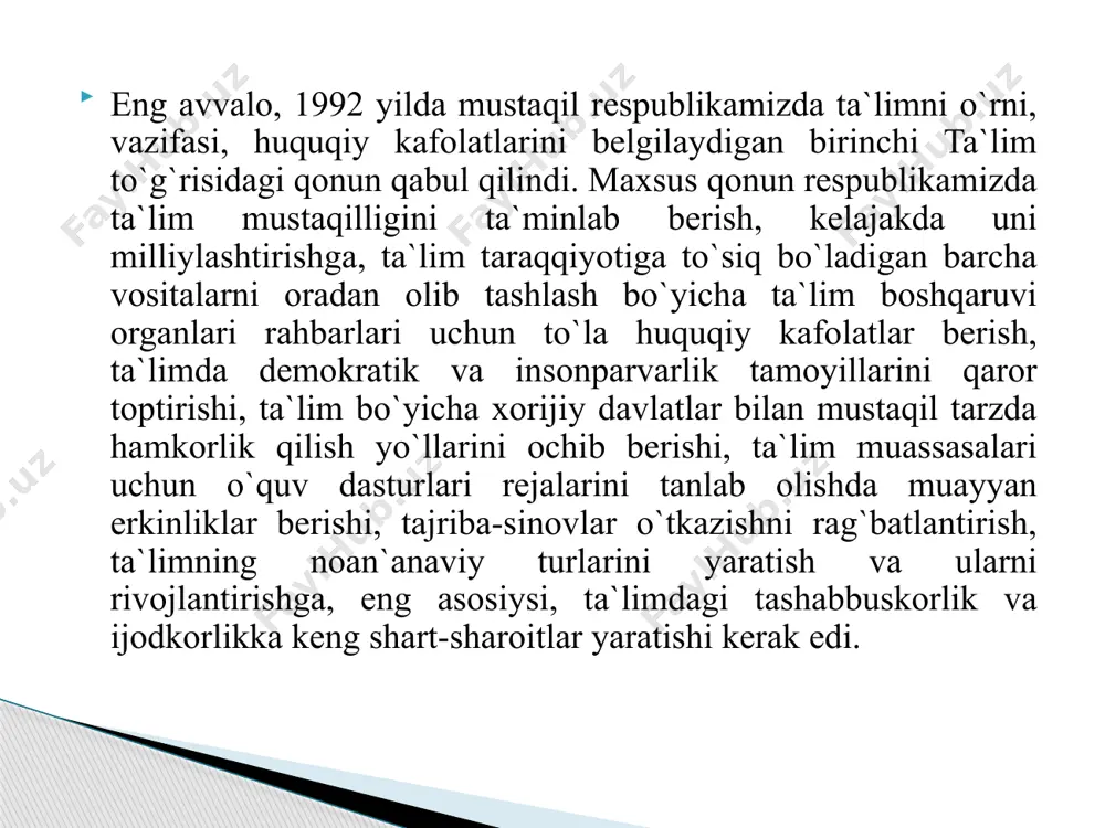 oilada ta’lim olishi va mustaqil ta’lim olish uslubiy va maslahat yordami ko‘rsatilgan holda tegishli o‘quv dasturlari bo‘yicha amalga oshiriladi. oilada ta’lim olish va mustaqil ta’lim olish tartibi, shuningdek ta’lim oluvchilarning toifalari ta’lim sohasidagi vakolatli davlat boshqaruvi organlari tomonidan belgilanadi. oilada ta’lim olish bolalar, oila, davlat va jamiyat manfaatlarini hisobga olgan holda davlat ta’lim muassasasi hamda ta’lim oluvchilarning ota-onasi yoki boshqa qonuniy vakillari o‘rtasidagi shartnoma asosida amalga oshiriladi. katta yoshdagilarni o‘qitish va ularga ta’lim berish butun umr davomida o‘qitishning markaziy tarkibiy qismi bo‘lib, ta’lim berish hamda o‘qitishning jamiyat hayotida va mehnat faoliyatida katta yoshdagilarning ishtirok etishini ta’minlashga qaratilgan barcha shakllarini o‘z ichiga oladi, shuningdek rasmiy, norasmiy va informal o‘qitish jarayonlarining butun majmuini qamrab oladi. katta yoshdagilarni o‘qitish va ularga ta’lim berish rasmiy ta’lim davlat ta’lim muassasalari hamda davlat tomonidan tan olingan akkreditatsiyadan o‘tgan nodavlat ta’lim tashkilotlari ishtirokidagi institutsionallashtirilgan (muayyan qoidalar va normalarni mujassamlashtiruvchi), aniq maqsadga yo‘naltirilgan va rejalashtirilgan ta’limdir. norasmiy ta’lim …
