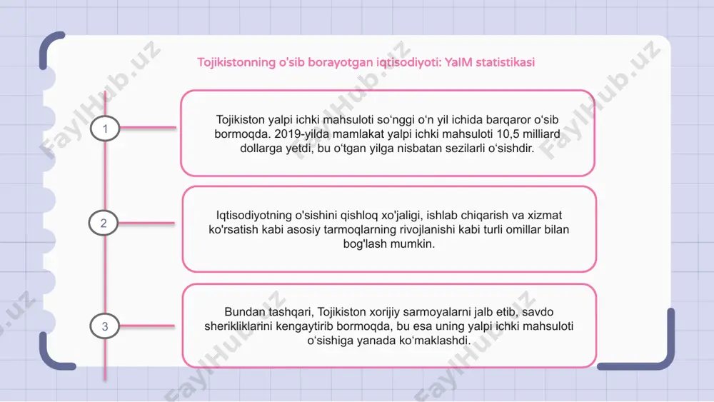 iston hali ham qashshoqlik, ishsizlik va cheklangan infratuzilma rivojlanishi kabi muammolarga duch kelmoqda. yalpi ichki mahsulotning tojikiston iqtisodiyotiga ta'sirini tahlil qilish tojikiston yalpi ichki mahsuloti statistikasi mamlakat iqtisodiyotiga oid qiziqarli fikrlarni ochib beradi. yalpi ichki mahsulotning tojikiston iqtisodiyotiga ta’sirini tahlil qilish uning o‘sishi va rivojlanishi haqida qimmatli ma’lumotlarni berishi mumkin. yaim statistik ma'lumotlari mamlakat iqtisodiyoti vaqt o'tishi bilan qanday natijalarga erishganini ko'rsatadi va uning o'sishiga turtki bo'lgan asosiy tarmoqlarni ta'kidlaydi. ushbu statistikani tahlil qilish tojikiston iqtisodiyotining kuchli va zaif tomonlarini aniqlashga yordam beradi. yalpi ichki mahsulotning tojikiston iqtisodiyotiga ta'sirini tushunib, siyosatchilar va investorlar mamlakatda iqtisodiy o'sish va barqarorlikni ta'minlash uchun asosli qarorlar qabul qilishlari mumkin. e'tiboringiz uchun rahmat