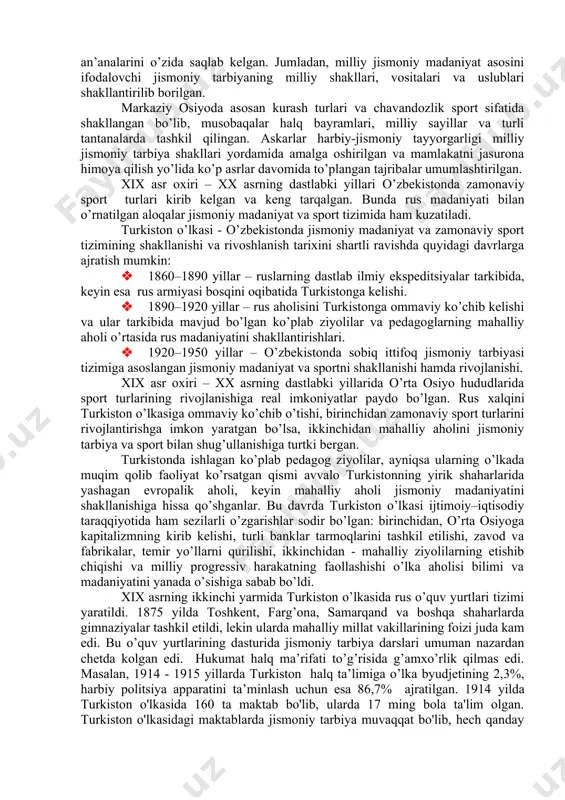 nga olishgan. biylarga 50 tangadan 100 tangagacha, yuzboshilarga 10 tangadan 20 tangagacha maosh tayinlangan. xon saroyida yaxshi qurollangan 1000 kishi xizmat qilgan. qo’shinning asosiy qismi qilich, o’q-yoy va nayza bilan qurollangan. oz miqdorda pilta miltiq va to’plar bor edi. unda o’zbeklar bilan bir qatorda turkmanlar, qozoqlar va qoraqalpoqlar xizmat qilganlar. xiva xonligining qo’shini harbiy texnika jihatdan ancha orqada edi. qo’qon xonligidagi hokimiyatni boshqaruv tartiblari buxoro va xiva xonliklaridan deyarli farq qilmagan. bu yerda ham xon cheklanmagan huquqga ega bo’lib, o’zining xohish-irodasiga ko’ra ish yuritgan. qo’shinda mingboshi, beshyuzboshi, yuzboshi va o’nboshi lavozimlari bo’lgan. uning muayyan qismi muntazam xizmatni o’tab, ko’pchiligi tinchlik paytida dehqonchilik, hunarmandchilik va boshqa ishlar bilan shug’ullangan. harbiy xizmatni o’tovchilarga bir ot va egar-jabduq berilgan. yuzboshi bir yilga – 147 so’m, ellikboshiga – 98 so’m, o’nboshiga – 65 so’m, oddiy sarbozga – 48 so’m haq to’langan. viloyatlardagi qo’shin hokim tomonidan ta’minlangan, poytaxtdagisi hukumat zimmasida bo’lgan. qo’shin qilich, nayza, piltali …