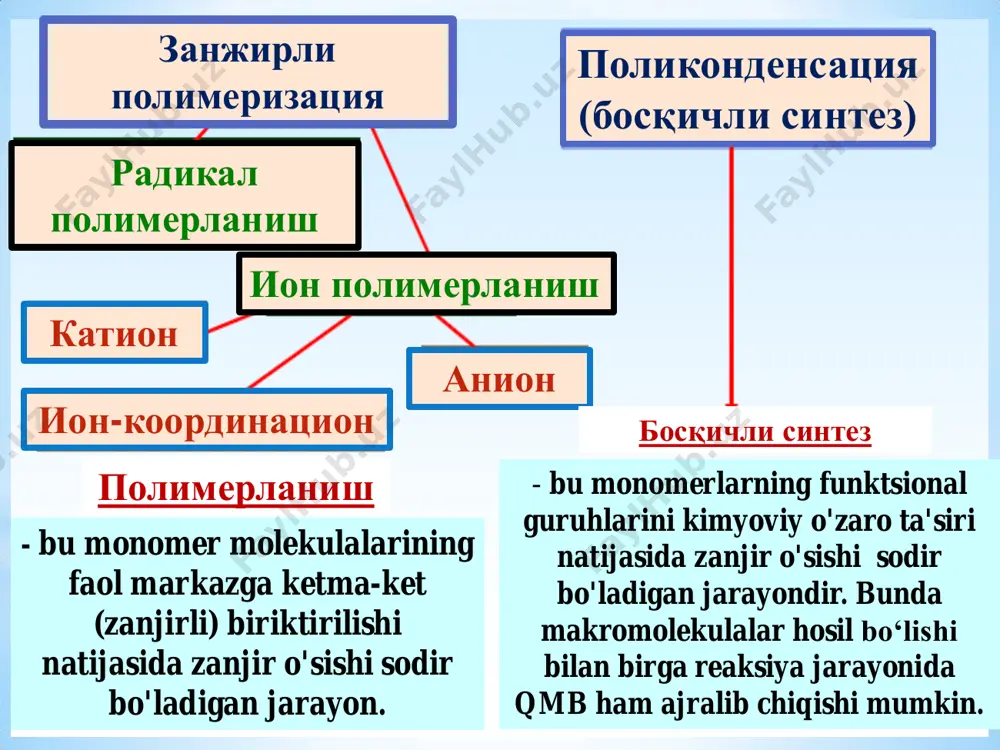 ронлар учта фаол позиция «функционал гуруҳ» иккита формальдегидда + ch2 ch2 ch2 oh oh oh cooh cooh ~o ch ch2o ch2o c o c o o c o c o o глицерин фтал кислотаси oh ~o o on ho si si si si si sisi si sir r r r r r r r o o o ~ o o o o o oo o o oo ~ ~ силантриол поликонденсатланиш реакциялари реакцияни қайтар жараёнлиги сабаб мувозанатли ва номувозанатли поликонденсацияга бўлинади. қайтар жараёнда полимер қмб билан таъсирлашади. реакциянинг қайтарлиги мувозанат константаси билан тавсифланади. поликонденсатланиш реакциясига киришадиган мономерлар 3 турга бўлинади. 1. бир хил функционал гуруҳли мономерлар ва улар бир- бири билан таъсирлаша олади. n ho-r-oh + n ho-r-oh →-[-o-r-]- +h2o 2. бир хил функционал гуруҳли мономерлар, улар бир-бири билан таъсирлаша олмайди, лекин бошқа мономер функционал гуруҳлари билан таъсирлашади. nh2n-r-nh2+hooc-r’-cooh→[-hn-r-nh-co-r’-co]-+h2o 3. функционал гуруҳлари хар хил ва улар бир-бири билан реакцияга кириша …