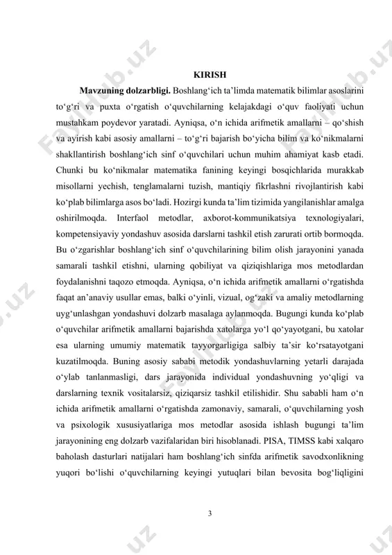 usiyatlariga mos metodlarni tanlash. · tajriba asosida samarali metodik yondashuvlarni aniqlash. · o‘qituvchilar uchun amaliy metodik tavsiyalar ishlab chiqish. kurs ishining obyekti. boshlang‘ich sinf o‘quvchilari bilan olib boriladigan arifmetik amallarni (qo‘shish va ayirish) o‘rgatish jarayoni. kurs ishining predmeti. boshlang‘ich sinfda o‘n ichida arifmetik amallarni bajarishni o‘rgatishda qo‘llaniladigan metodlar va ularning samaradorligi. kurs ishining tuzilishi: kirish, 2 ta bob, umumiy xulosa va foydalanilgan adabiyotlar ro‘yxatidan iborat. i-bob. o‘n ichida arifmetik amallarni o‘rgatishning nazariy asoslari 1.1. arifmetik amallarni o‘rgatishning didaktik asoslari boshlang‘ich sinf o‘quvchilariga arifmetik amallarni o‘rgatishda didaktik tamoyillarni to‘g‘ri qo‘llash ta’lim jarayonining muvaffaqiyatli bo‘lishi uchun juda muhimdir. didaktik tamoyillar ta’lim berish jarayonining ilmiy asoslarini tashkil etadi, o‘quvchilarning bilim, ko‘nikma va malakalarini shakllantirishda yordam beradi. arifmetik amallarni o‘rgatishda eng asosiy tamoyillar — ilmiylik, yuzaga moslik, faollik va ongli ishtirok, shuningdek, ko‘rgazmalilik tamoyillari hisoblanadi. ularning har biri o‘ziga xos jihatlar va ahamiyatga ega bo‘lib, dars jarayonining samaradorligini oshirishda muhim rol o‘ynaydi. ilmiylik tamoyili …