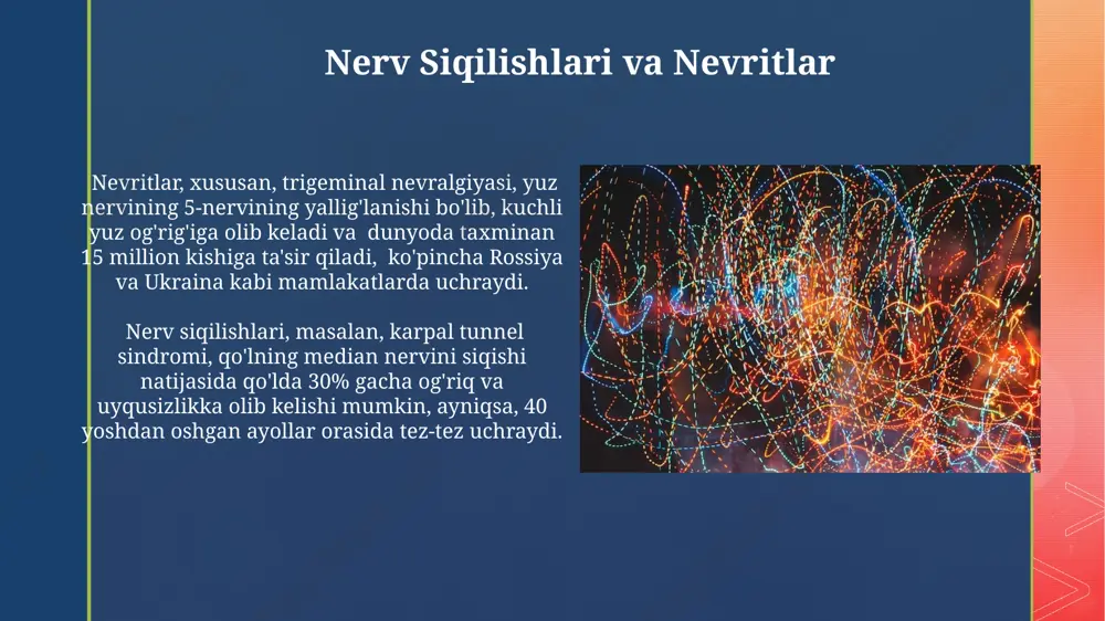 kkab nerv pleksuslari, jumladan braxial va lyumbal pleksuslar mavjud bo'lib, ular bir nechta nervlarning birlashuvi natijasida hosil bo'ladi va qo'l va oyoqlarning mushaklarini va terisini innervatsiya qiladi. periferik nerv sistemasining 31 juft spinal nervlari orqa miyaning segmentlaridan chiqib, tananing barcha qismlariga impulslar uzatadi; ularning har biri oldingi va orqa ildizlarga ega bo'lib, ular orqali sezgi va harakat impulslarini o'tkazadi. nerv tolasining tuzilishi va funktsiyasi sensorli nerv tolalari, 30 dan ortiq turdagi retseptorlar orqali, tana va atrof-muhitdan turli xil ma'lumotlarni, masalan, harorat, bosim va og'riqni, markaziy nerv sistemasiga uzatadi; toshkentda o'tkazilgan tadqiqotlar buni tasdiqlaydi. o'rtacha kattalikdagi odamning miyasida taxminan 100 milliard neyron mavjud bo'lib, ularning har biri minglab boshqa neyronlar bilan sinaptik aloqalar orqali bog'langan; bu murakkab tarmoq samarqandda o'rganilgan. oldini olish va rejalashtirish андижон вилоятидаги 2000 нафар бемор устида ўтказилган 10 йиллик кузатувлар, мия плексусларининг 4 та асосий туридаги патологияларнинг ривожланишига генетик омилларнинг таъсирини 25% га баҳолади. самарқанддаги 1987 йилдаги …