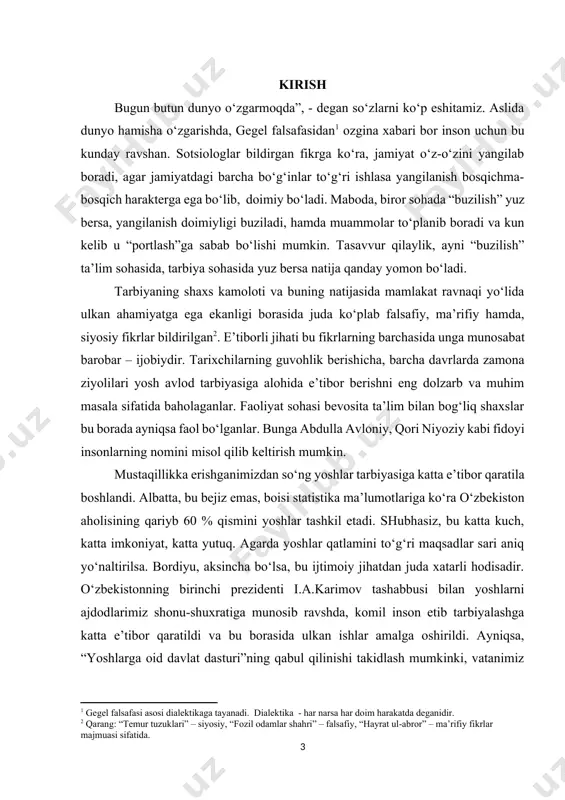 arini bildirmoqdalar va ular so‘zsiz yoshlar uchun ibratdir. ushbu moqala orqali yuqoridagi kabi salbiy muammolarga qarshi kurashish borasida ayrim fikrlar keltirib o‘tmoqchimiz. i.a.karimov ta’kidlaganidek “yuksak ma’naviyat yengilmas kuchdir”[footnoteref:3]. biz yoshlarimizning ma’naviy tarbiyasiga alohida e’tibor qaratishimiz maqsadga muvofiqdir. [3: i.a.karimov. yuksak ma’naviyat yengilmas kuch. “ma’naviyat”, t.: 2008.] «mustaqilligimizning dastlabki kunlaridanoq, - deb yozadi o‘zbekistonning birinchi prezidenti i.a.karimov, - ajdodlarimiz tomonidan ko‘p asrlar mobaynida yaratib kelingan g‘oyat ulkan, bebaho ma’naviy va madaniy merosni tiklash davlat siyosati darajasiga ko‘tarilgan nihoyatda muhim vazifa bo‘lib qoldi. o‘zlikni anglashning o‘sishidan, xalqning ma’naviy sarchashmalariga, uning ildizlariga qaytishidan iborat uzviy, tabiiy jarayon deb hisoblaymiz»[footnoteref:4]1. [4: 1 i.karimov «o’zbekiston xx1 asr bo’sag'asida: xavfsizlikka tahdid, barqarorlik shartlari va taraqqiyot kafolatlari» toshkent, «o’zbekiston», 1997. 137- bet.] o‘zbekistonda yangi ma’naviy yo‘nalishlarning shakllanishi o‘z navbatida san’atning barcha sohalariga samarali tahsir etib, ijodiy izlanishlar doirasini kengaytirib, badiiy tafakkur rivojini jadallashtirmoqda. tarixiy, madaniy va ma’naviy-axloqiy qadriyatlarning keng qatlamlarini qayta idrok etish san’atning barcha sohalarida bo‘lganidek, …