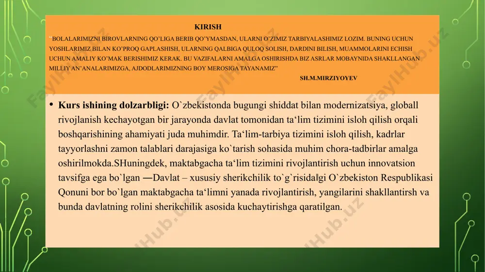 ida»gi qarori ular faoliyatini rag`batlantirishga undaydi, bu esa davlat tomonidan maktabgacha ta‘lim muassasalari xodimlarini ijtimoiy ximoyasini ta‘minlaydi. tarbiya ham ota-onalarning burchi va farzandlarning haqqidir. “tarbiya” so’zi arabcha “robba” fe’lidan olingan bo’lib, o’stirdi, ziyoda qildi, rioyasiga oldi, rahbarlik qildi va isloh qildi ma’nolarini bildiradi. musulmon ulamolar “tarbiya”ni bir necha xil ta’rif qilganlar. jumladan, imom bayzoviy quyidagicha ta’riflaydi: “tarbiya bir narsani asta-sekin kamoliga etkazishdir”. rog’ib asfihoniy tarbiyani quyidagicha ta’rif qiladi: “tarbiya bir narsani bir holdan ikkinchi holga o’tkaza borib, batamomlik nuqtasiga etkazishdir. kurs ishining maqsadi.maktabgacha ta`lim va tarbiya sohasini rivojlantirish,va ushbu mavzuga oid qaror,farmon,yangiliklarni o`rganish kurs ishining predmeti. o`zbekistonda maktabgacha ta‘lim va tarbiya tizimidagi islohotlarni jadalashtirishga qartilgan davlatning o`rni. kurs ishining obyekti. o`zbekistondagi davlat maktabgacha ta‘lim tashkiloti kurs ishining nazariy va amaliy ahamyati.maktabgcaha ta`lim va tarbiya tizimidagi islohotlar o`rganib chiqildi va ushbu soha uchun kerakli tavsiyalar berildi kurs ishining vazifalari.har bir ishni bajarish uchun oldinga reja qo`yiladi. mazkur kurs ishimizni oldiga qo`yilgan …