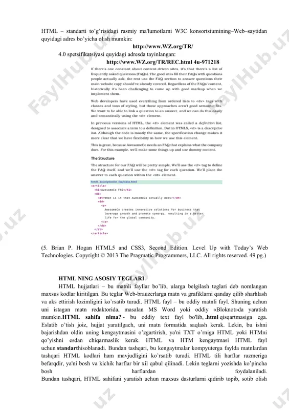 glarga ham taalluqli). masalan, teg-konteyneri faqatgina freymlarni taniydigan brauzer tomonidan hisobga olinadi. uni tanimaydigan brauzer tegini tushunmaydi. teglar parametr va atributlarga (inglizcha. attribute) ega bo’lishi mumkin. ruxsat etilgan parametrlar yig’indisi har-bir teg uchun individualdir. parametrlar quyidagi qoida asosida yoziladi: teg nomidan so’ng probellar bilan ajratilgan parametrlar kelishi mumkin; parametrlar ixtiyoriy tartibda keladi; parametrlar o’zining nomidan keyin keluvchi «=» belgisi orqali beriluvchi qiymatlarga ega bo’lishi mumkin. odatda parametrlar qiymati « » - «qo’shtirnoq» ichida beriladi. parametr qiymatida ba'zan yozuv registri muhim. agar parametr mohiyatida probel ishtirok etgan bo’lsa, u holda qavs, albatta yoziladi. parametr mohiyatida (teg va parametrlar nomidan farqli ravishda) ba'zida yozuv registri muhim bo’ladi. tegning parametr bilan yozilishiga misol: bu erda tegi uchun ikkita parametr berilgan. moxiyatsiz ko’rsatilgan birinchi parametr border. ikkinchi parametr align left mohiyatiga ega. shuni esda tutish lozimki, hamma teglar o’zining individual parametriga ega bo’lishiga qaramay, shunday bir qator parametrlar mavjudki, ularni bo’limining barcha teglarida ishlatish …