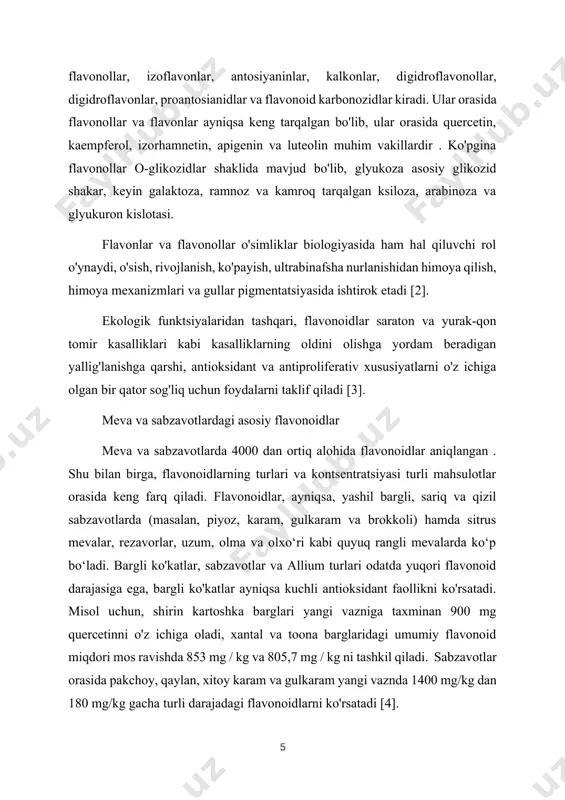 (1-jadval). kaempferol, luteolin va quercetin meva va sabzavotlardagi eng keng tarqalgan flavonoidlar qatoriga kiradi, kaempferol va quercetin ayniqsa sabzavotlarda, quercetin esa mevalarda keng tarqalgan [7]. kaempferol brokkoli, karam, sarimsoq, karam, qushqo'nmas, bektoshi uzumlari, qulupnay va boshqa bir qancha sabzavotlar va mevalarda uchraydi [17,18]. luteolin sarimsoq poyalari, yashil salat, turp, shirin kartoshka, olma, ananas, tarvuz va pomidorda ko'pdir [7]. quercetin shirin kartoshka, piyoz, bamya, karam, rukkola, ko'k, shaftoli, mayin, uzum, olcha va olxo'rida ko'p bo'ladi [19]. flavonoidlar mevalarda ko'p bo'lgan va inson salomatligi uchun juda ko'p foyda keltiradigan tabiiy birikmalardir. ularning antioksidant, yallig'lanishga qarshi va saratonga qarshi ta'siri bu birikmalarni salomatlik uchun muhim qiladi. xromatografik tahlil usullari meva turlarida flavonoidlarni aniqlash, ajratish va miqdorini aniqlash uchun eng ko'p qo'llaniladigan usullardir. flavonoidlarni tahlil qilish uchun yuqori samarali suyuqlik xromatografiyasi (hplc), gaz xromatografiyasi (gc), yupqa qatlamli xromatografiya (tlc) va suyuq xromatografiya-tandem massa spektrometriyasi (lc-ms) kabi usullar hal qiluvchi ahamiyatga ega. so'nggi yillarda ushbu …