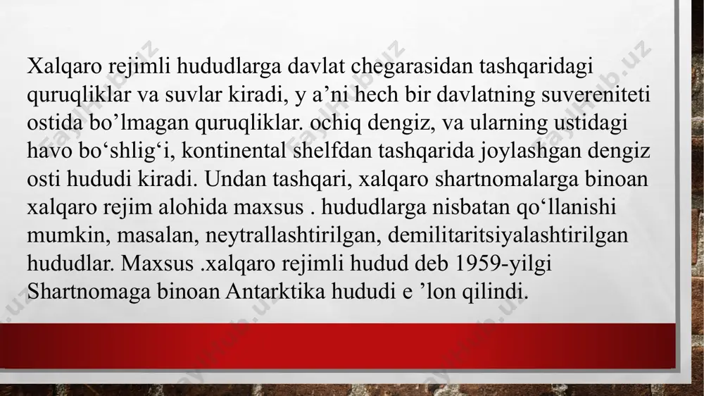 va meridianlar bo‘yicha belgiiangan davlat chegaralari esa geografik deb nomlanadi. xalqaro daryolar xalqaro daryolar deb, bir necha davlatlar hududida oqib boradigan yoki ikki va undan ko‘p davlatlar hududming chegarasi o‘tadisan darvolar hisoblanadi. xalqaro daryolar qirg’oqbo‘yi davlatlari o‘rtasidagi xalqaro-huquqiy munosabatlaming predmeti hisoblanadi. xalqaro daryolar qatoriga yevropada dunay, reyn, afrikada nil, kongo, niger, senegal, amerikada la-plato, amazonka, osiyoda yefrat mekong, braxmaputra, irtish, amudaryo va sirdaryo daryolari kiradi. xalqaro dary'oiardan tashqari milliy daryolar ham mavjud. milliy daryolar bir davlat chegarasida joylashgan va faqat uning yurisdiksiyasi ostida bodadi. xalqaro kanallar xalqaro kanallar - bu okean va dengizlami birlashtiruvchi va quruqlik hududni kesib o'tuvchi hamda xalqaro kemalar harakatlanishi yo'lida foydataniladigan sun'iy gidrotexnik qurilmalar.ular dengiz kengliklami eng qisqa va qulay y o 'lla r bilan kesib o'tgan holda davlatlar uchun iqtisodiy, navigatsion tomonlama samarali hisoblanadi. xalqaro kemalami harakatlanishi uchun katta ahamiyatga ega kanalar sifatida suvaysh, panama, kil kanallarini ko'rsatish mumkin. mintaqaviy muhim kanallar qatoriga esa korinf …