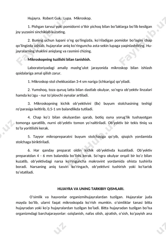 bo’lib, doim harakatlanib turadi. sitoplazmaning tarkibi juda murakkab. mag’iz – hujayraning deyarli o’rtasida (sitoplazma ichida) joylashgan eng muhim tarkibiy qismdir. u hujayralar bo’linishida katta rol o’ynaydi. ko’k-yashil suvo’tlar, bakteriyalar va ayrim zamburug’larningmag’zi shakllanmagan, uning moddalari sitoplazmada tarqoq holda joylashganbo’ladi. mag’izning shakli va hajmi hujayraning yirik-maydaligiga, yoshiga hamdayashash sharoitiga qarab har xil bo’ladi. u tarkibiga ko’ra sitoplazmaga yaqin turadi. mag’iz irsiy belgilarning yangi bo’g’inga o’tishida muhim ahamiyatga ega. 1831-yilda ingliz olimi robert broun mag’iz hujayraning muhim tarkibiy qismi ekanligini aniqlagan. plastidalar - hujayraningasosiy tirik qismlaridan biri.ular faqat o’simliklarga xosi plamdalar uch xil bo’ladi: leykoplastlar(rangsiz), xromoplastlar(zarg’aldoq, qizg’ish), xloroplastlar(yashil). keyingi ikkita plastida o’simliklarga (barg, poya, gul vamevalarga) rang beradi. xromoplastlar bilan xloroplastlar tufayli o’simlikgullari va mevalar har xil rangga kiradi. vakuol - sitoplazma ichidagi hujayra shirasi bilan to’lganbo’shliq. u turli shaklda bo’ladi. hujayra shirasi tarkibida 7,0 — 95% suv va undaerigan ko’pgina moddalar hamda oqsil, moy, shakar moddalari bo’ladi; bu shiratarkibiga ko’ra mevalarning …
