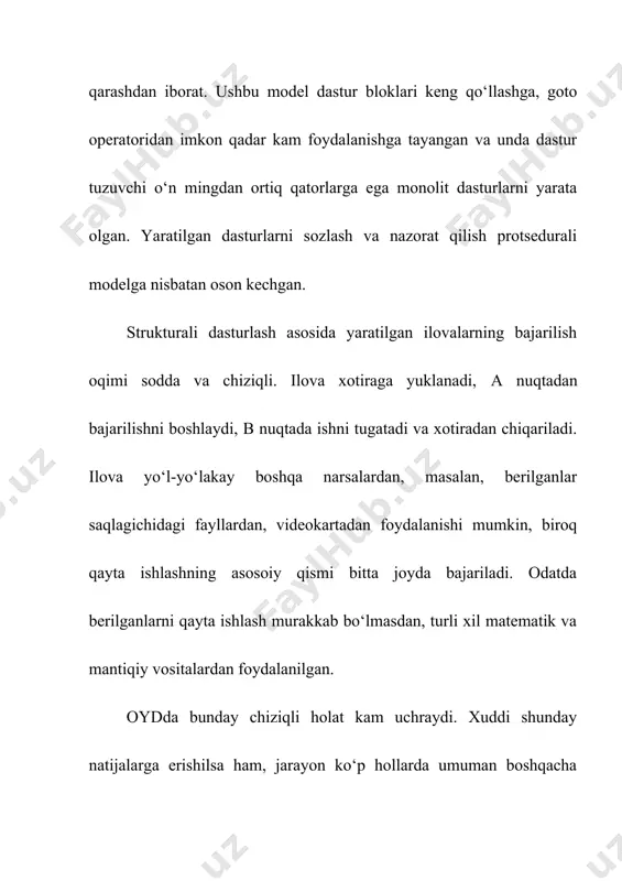 lganlarning boshqa berilganlar bilan o‘zaro ta’siriga qaratiladi. o‘z navbatida bu holat ilovani loyihalash bosqichida katta diqqat e’tiborni talab etadi va shuni hisobiga uni kengaytirish (takomillashtirish) imkonini beradi. konkret berilganlar turlari haqida tasavvur bo‘yicha aniq bir qarorga kelgandan keyin bu taqdimotni ilovaning keyingi naqllarida yoki umuman boshqa ilovalarda foydalanish mumkin bo‘ladi. bu turdagi kelishuvlar ilovalar yaratishni ancha soddalashtirish imkonini beradi. oyd, tasavvur bo‘yicha kelishuv va nisbatan abstrakt berilganlarni qo‘llash hisobiga dasturlshni soddalashtiradi. texnologiyaning nomidan ko‘rinib turibdiki, yuqorida qayd qilingan afzalliklarning barchasi obyektlar yordamida erishiladi. obyektlar – oyd ilovalarning “qurilish blokidir”. bunday qurilish bloki ilovaning qismini o‘z ichiga oladi - hisoblash jarayonini, berilganlarning bir qismini yoki qandaydir yanada abstract bo‘lgan obyektni. obyektlarni o‘z ichida a’zo sifatida o‘zgaruvchilar va funksiyalarni olgan tuzilma deb qarash mumkin. o‘zgaruvchilar qiymatlari obyektda saqlanuvchi berilganlarni, funksiyalar esa obyektning amal imkoniyatlariga murojaat qilishni ta’minlayda. obyekt turi uchun oydda maxsus nom – class (sinf) mavjuddir. sinfni aniqlash obyektlarni, ya’ni sinf …