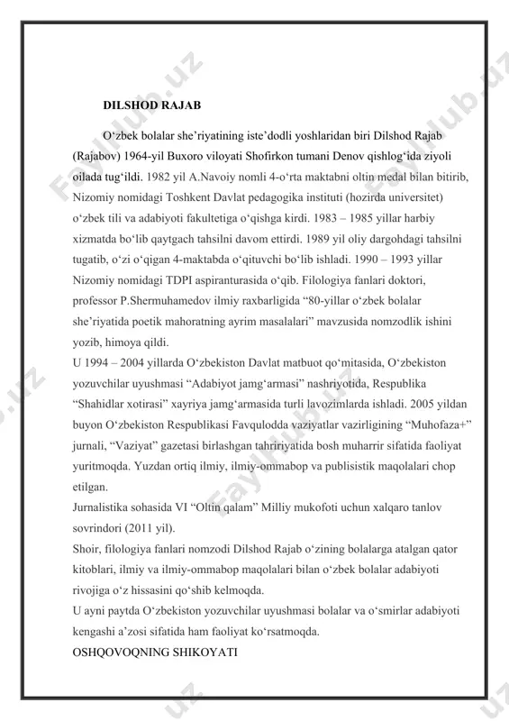 h-chilla, chiniqqanmiz poiatday. izgirin qilichiga qalqon bizning ko‘kraklar. yoi olamiz maktabga ayozdan qo‘rqmay, olg‘a! gijirlaydi g‘azabdan qishning tishi — oq qorlar. qarash kungaboqar chindanam menga juda yoqadi. u doim yomgiikka, yuksaklikka boqadi. lekin hamma ham unga shu ko‘z bilan qaramas. ba’zilar bor hayotda fikri-zikri qorin, nafs. farqi yo‘qdir ularga qay tomonga boqishi. ular uchun muhimi pistasini chaqishi. tandirga hazil sen borki, non — hayot bor, jon tandirjon, oima san. lekin, lekin bunchalar og‘zi ochiq boimasang. kuyib-pishib qolasan, qiynab shirin joningni, uzib olib ketarlar, og‘zingdagi noningni. qo‘yning shikoyati echkivoy bilan yashash— rosti, tegdi jonimga. bigizday shoxlarini niqtab turar qornimga. yem-hashakning yaxshisin— tanlab, avval u yeydi. bir gap desam, shoxlarin— o‘qtalib, „jim boi“, deydi. ne ham derdim, ko‘naman, buncha zolim boimasa?! qiyin ekan yashamoq— boshda shoxing boimasa! piyolaning hazili choynak, do‘stim, ne uchun burning doim osmonda? haa, bilaman, og‘zingga quyib turar qumg‘onlar. lekin menga kerilma, jilmasdan shu o‘rnimdan ichganingni barini tortvolaman bumingdan.