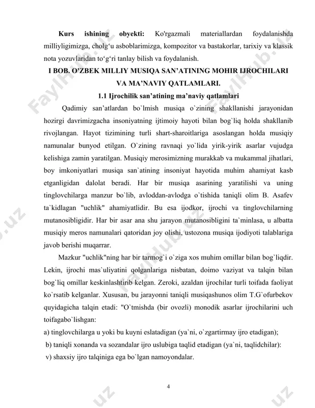 `lgan namoyondalar. har uchala toifaga kirgan sozanda yoki xonandalar keng ma`noda-ijrochilardir. lekin, ularning ijrochilikka bo`lgan munosabatlari ana shu uchlikning kelib chiqishiga sabab bo`ladi. ma`lumki, musiqaning negizini tovush tashkil etadi. tovush esa ko`p jihatli jarayondir . "tovush"-bu zohiriy ko`rinish. unga turli vosita, harakatlar bilan erishish mumkin. ulardan ma`lum balandlikka ega bo`lganlari musiqiy tovush hisoblanadi. musiqiy tovushlarni ma`noli, his-tuyg`ular orqali mukammal tarannum etishga eng avvalo inson ovozi qodir. ularning barcha xususiyatlaridan foydalanib, turli bezaklar yordamida ijodiy yondoshib, tinglovchi qalbiga o`zgacha ta`sir ettirish ana shu uchinchi toifa namoyandalari talqiniga xosdir. bu albatta, birinchi va ikkinchi toifalarga talluqli xonandalarni kamsitish yoki ularni nomukammal degan fikr emas. zeroki, har bir xonanda yoki sozanda ijrosi insonlarga, ruhiy ozuqa olishida o`z ta`sirini ko`rsatar ekan, u talqin mukammaldir. ijrochilar toifalarga bo`lingani ilmiy nuqtai nazardan, ularning ijro paytidagi ijod bilan bog`liqligi jihatidan desak mubolag`a bo`lmas. vaholanki, ularning boy imkoniyatlari, ijrolari va yaratgan asarlari yozma manbaalarda o`tmishdan o`z ifodasini topib …