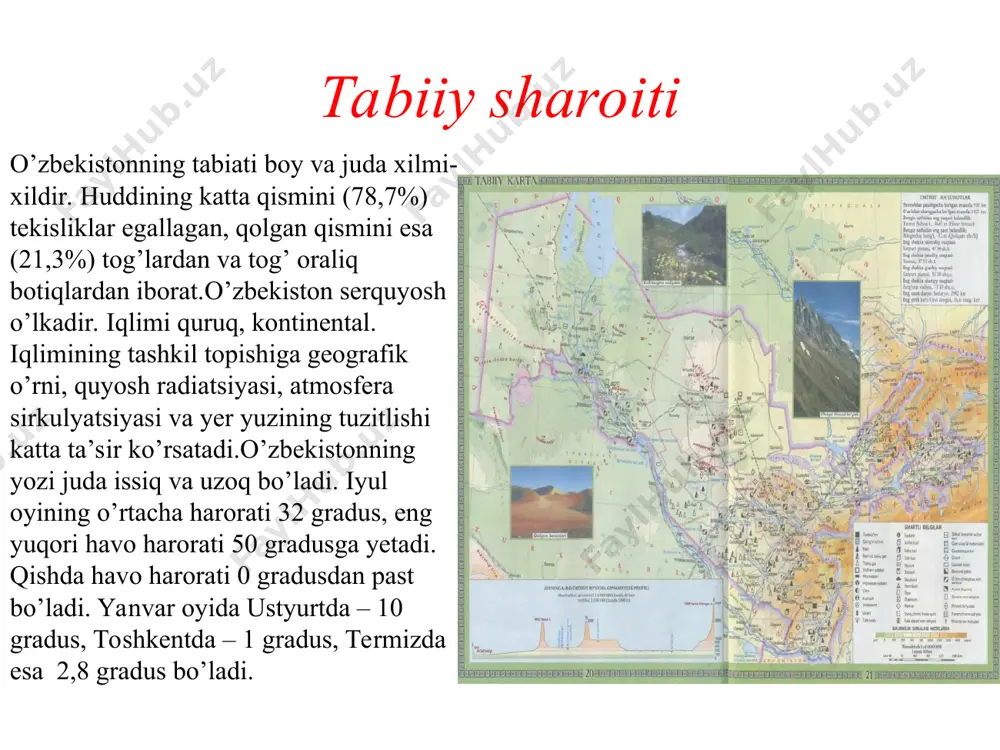 an toshko’mir konlari topilgan (shargun, boysun konlari), ular kokslanuvchi ko’mir turiga kiradi. o’zbekistonda ko’plab neft qazib chiqariladi. dastlabki neft konlari farg’ona vodiysida 1904 yilda topilgan (chimyon koni). keyinchalik bu yerda polvontosh, so’x, janubiy olamushuk, andijon va boshqa konlar ochildi. mustaqillik yillarida esa (1992) namangan viloyatida mingbuloq neft koni topildi. aholisi va mehnat resurslari o’zbekiston respublikasi ko’p millatli mamlakatlardan biri bo’lib, 120 dan ortig’ millat va elatlar bu yerda istiqomat qiladi. jami aholisi 31,4 mlin kishini tashkil qiladi. aholi soni bo’yicha markaziy osiyo davlatlari orasida birinchi o’rinda turadi (mdh davlatlar orasida 3 urinda turadi). respublikada markaziy osiyo aholisining 44 % istiqomat qiladi. mamlakat aholisi tez ortib bormoqda. uning ko’payishi asosan tabiiy o’sish hisrobiga ruy bermoqda. respublika aholisi har yili o’rtacha 450-500 ming kishiga ko’paymoqda. aholining ko’pchiligini o’zbeklar tashkil qiladi (80 %). ulardan tashqari qozoqlar, tojiklar, qoraqalpoqlar, qirg’izlar, turkmanlar, ruslar, ukrainlar va boshqalar istiqomat qilishadi. o’zbekistonda urbanizatsiya darajasi yuqori ko’rsatkichga ega, yahni …