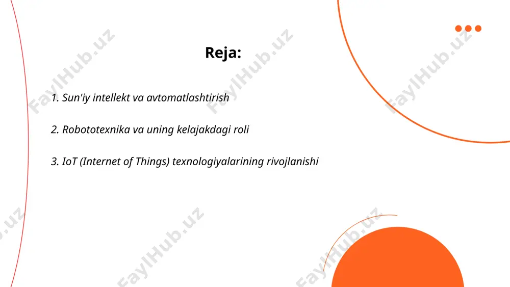 rt sohalarida keng qo‘llanilmoqda. 5g tarmog‘ining joriy etilishi iot qurilmalarining o‘zaro tezkor va samarali ulanishiga imkon berdi. iot bozorining global qiymati 2025 yilda 1,5 trillion dollarga etishi kutilmoqda. sensorlar, bulutli hisoblash va sun'iy intellekt texnologiyalari iot yutuqlarini rivojlantirishda muhim rol o‘ynamoqda. 2021 yilda o‘zbekistonda iot bazasida aqlli shaharlik loyihalari amalga oshirilmoqda. ... t.me/slaydai_bot 4. bulutli hisoblash texnologiyalari bulutli hisoblash texnologiyalari (cloud computing) zamonaviy it infratuzilmasining asosi bo‘lib, ma'lumotlarni saqlash, tahlil qilish va uzatishni osonlashtiradi. 2023 yilda bulutli xizmatlar bozori global miqyosda 600 milliard dollarni tashkil etishi kutilmoqda. ushbu texnologiya foydalanuvchilarga masofaviy serverlarda maʼlumotlarni qayta ishlash imkonini beradi. bulutli hisoblashning asosiy modellari: iaas (infratuzilma xizmat sifatida), paas (platforma xizmat sifatida), va saas (dasturiy ta'minot xizmat sifatida). yirik kompaniyalar, masalan, amazon web services (aws), microsoft azure va google cloud platform bu bozorning yetakchilaridir. bulutli texnologiyalarni qo‘llanishi biznes jarayonlarni optimallashtirish va it xarajatlarini kamaytirish imkonini beradi. ... t.me/slaydai_bot katta ma'lumotlar tahlili – turli …